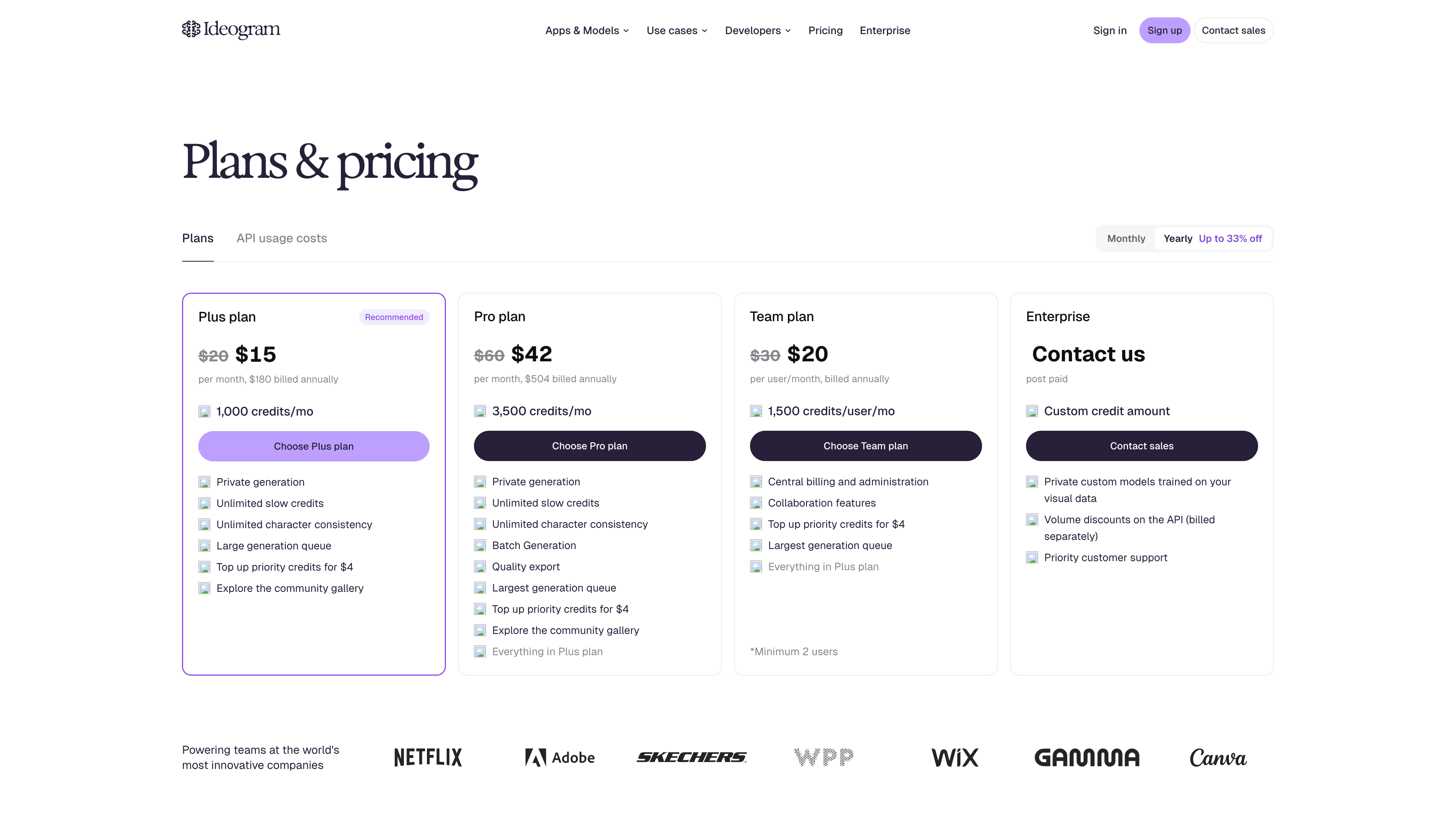 Ideogram pricing page: Plus at $15/month billed annually, Pro at $42, Team at $20 per user, Enterprise custom
