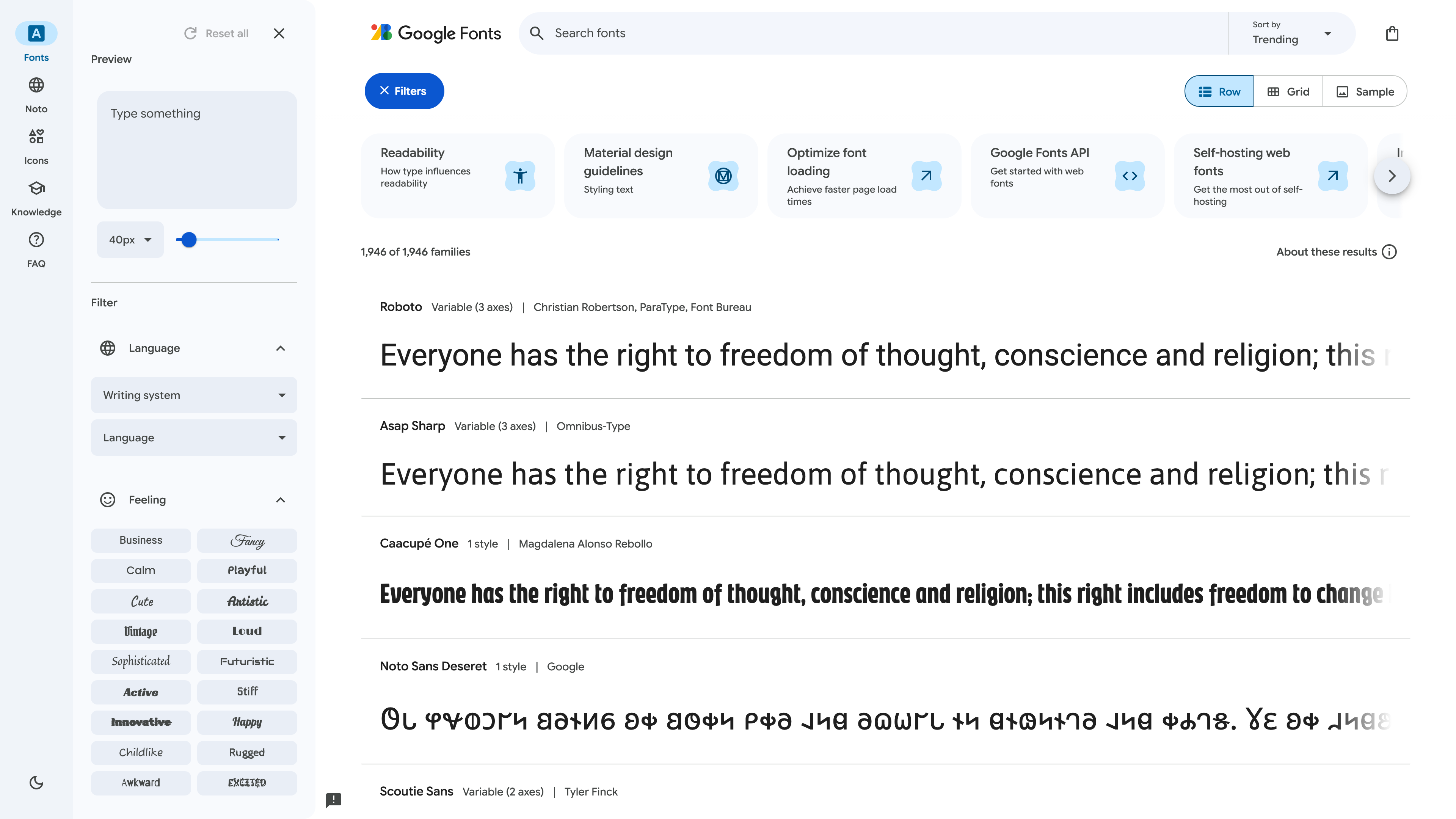 The Google Fonts home page: the counter reads “1,946 of 1,946 families”, Roboto is tagged as a variable font, and filters sit in the left rail