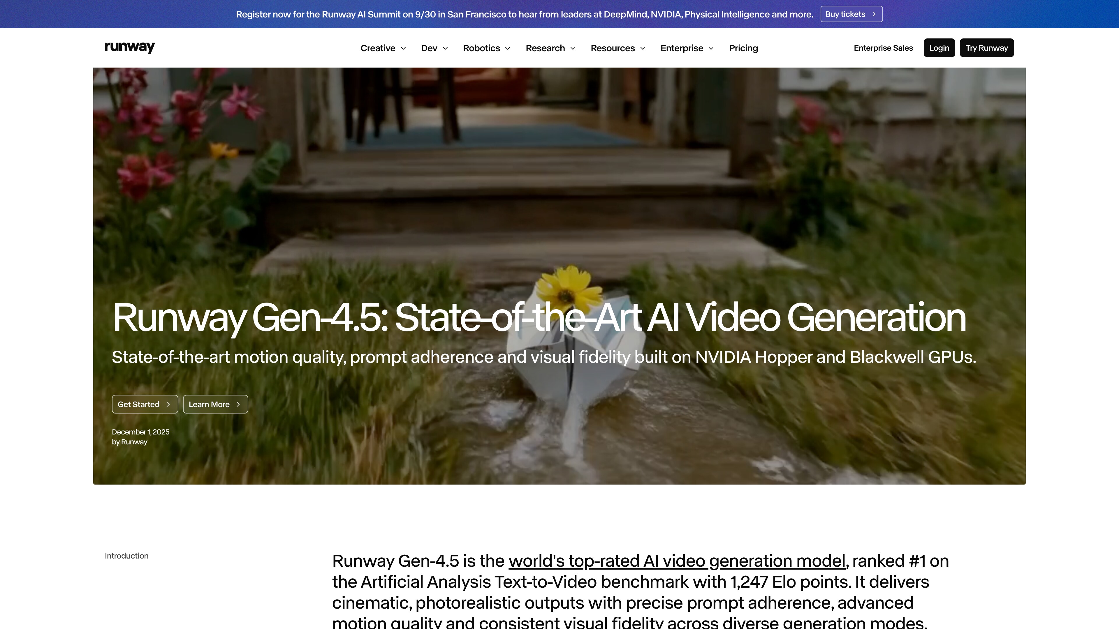 The official Runway Gen-4.5 research page, highlighting motion quality and visual fidelity built on NVIDIA Hopper and Blackwell GPUs