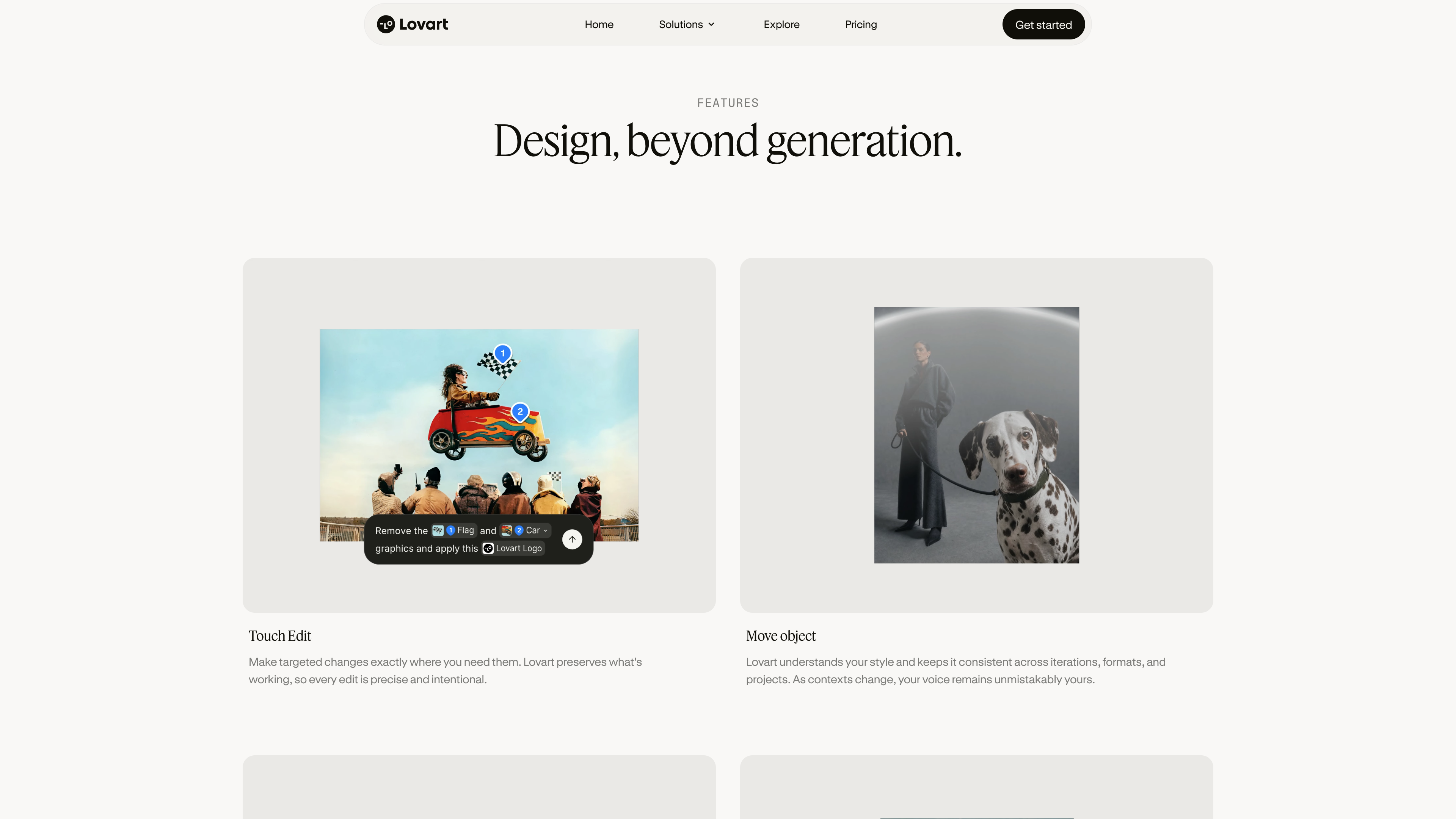 Lovart's homepage feature section: Touch Edit and Move object demos for targeted, point-and-edit changes