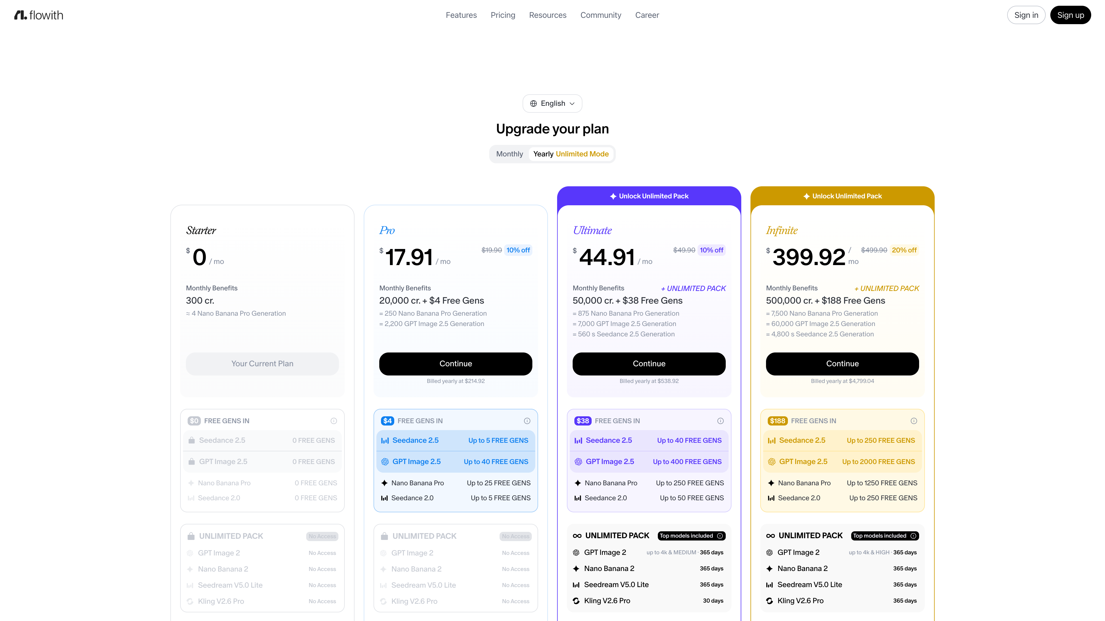 The Flowith pricing page: Starter, Pro ($19.90/month), Ultimate ($49.90/month), and Infinite ($499.90/month)