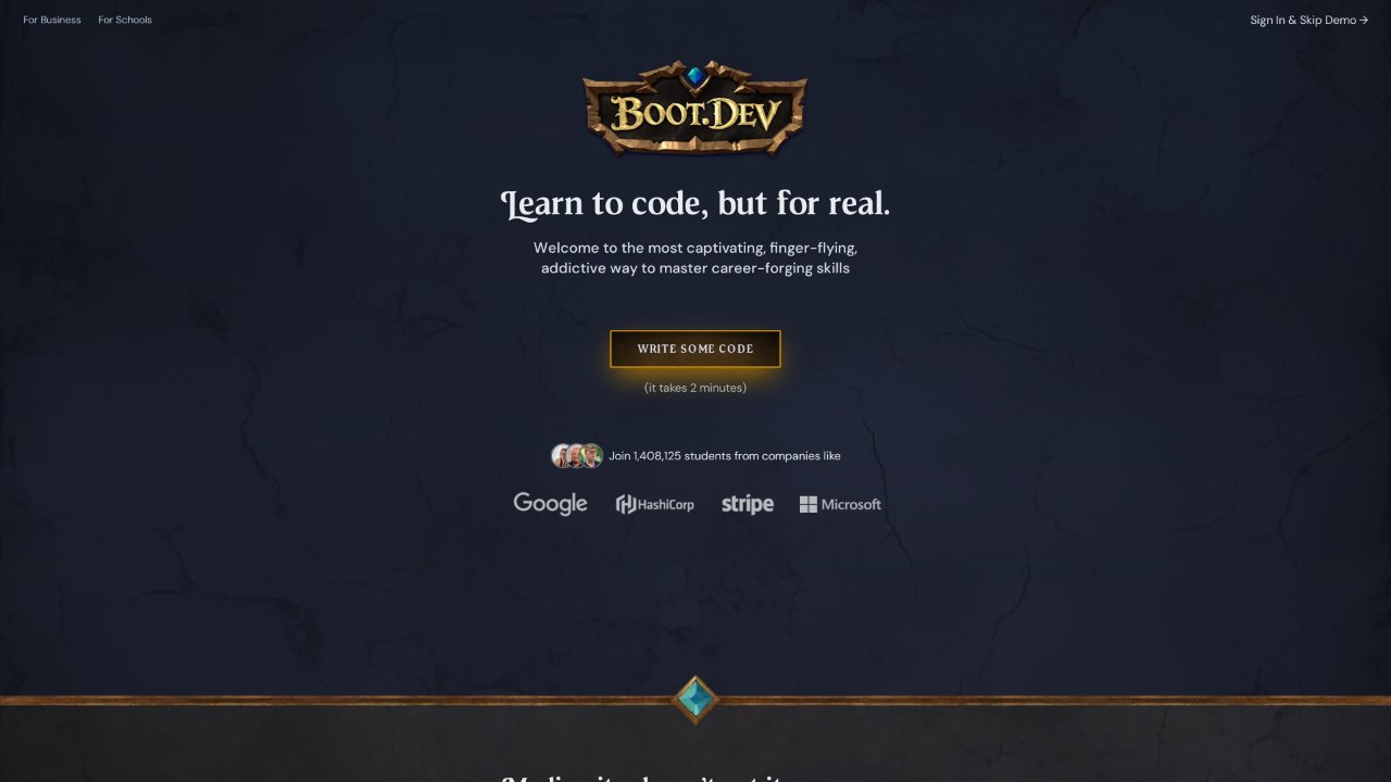 Boot.dev 首页截图：深色奇幻风格页面，中央标语为"Learn to code, but for real."，下方是"Write some code"即时编码入口按钮与学生计数