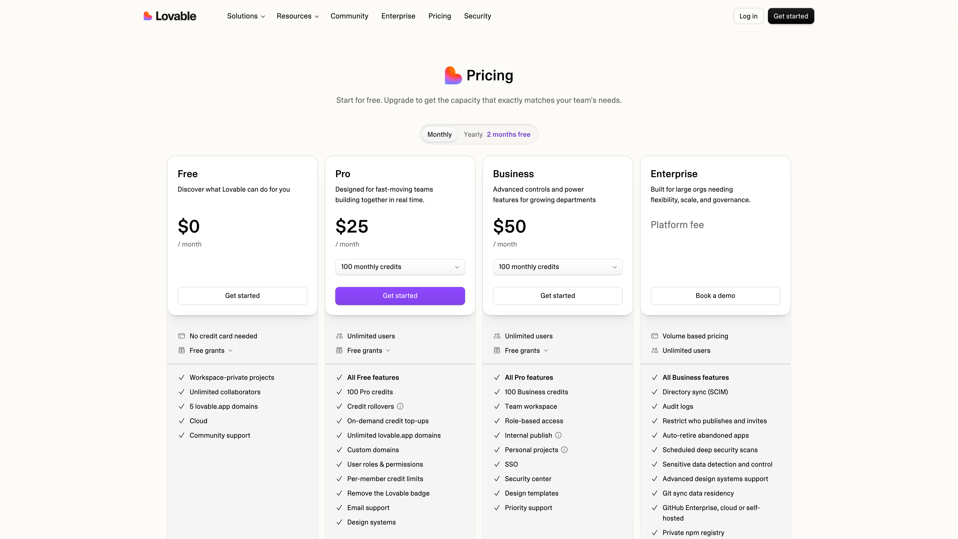 The Lovable pricing page: Free, Pro ($25/month), Business ($50/month), and Enterprise tiers