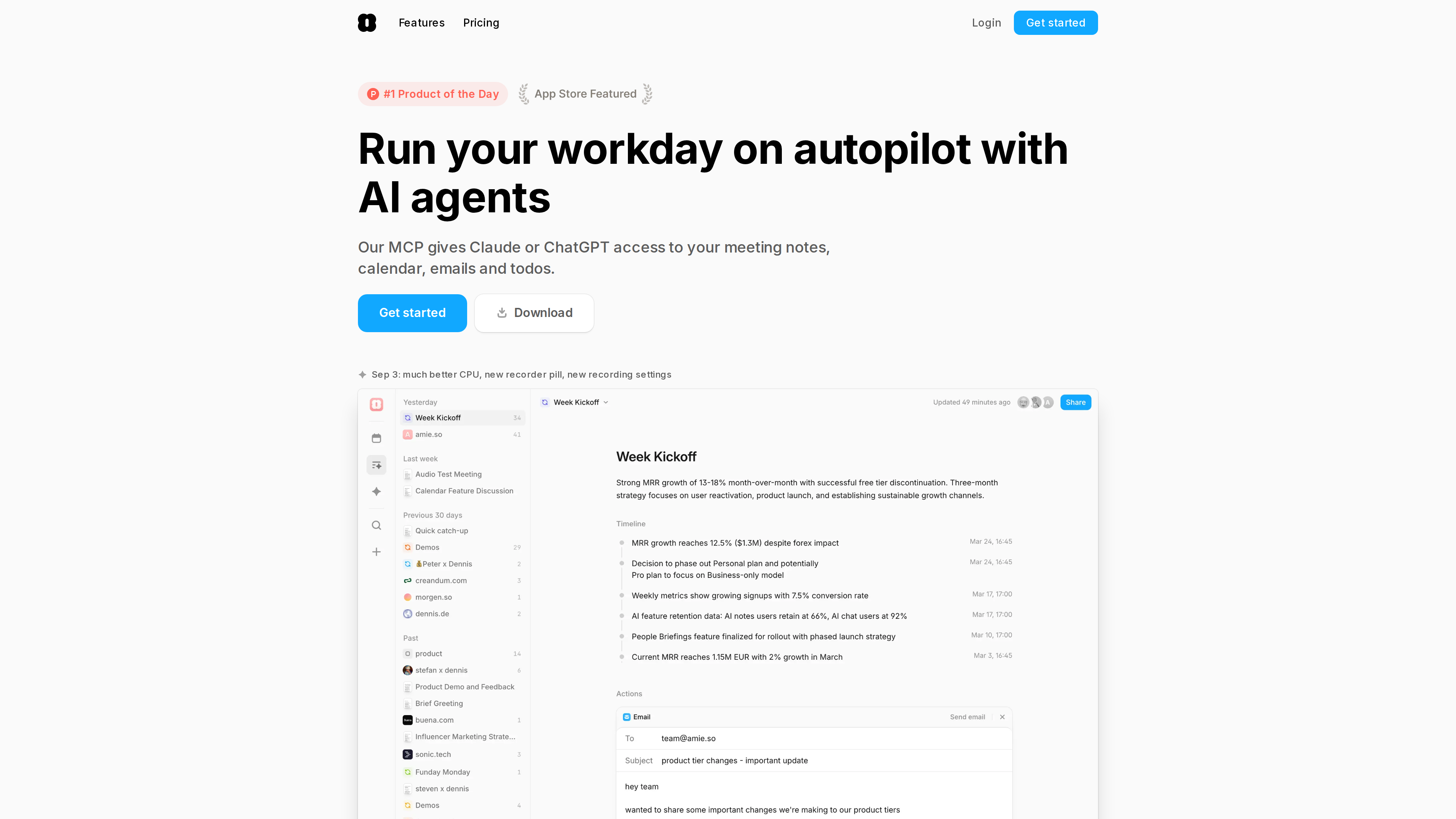 Amie 官網首頁截圖：首屏標語「Run your workday on autopilot with AI agents」，下方展示應用內的會議筆記介面