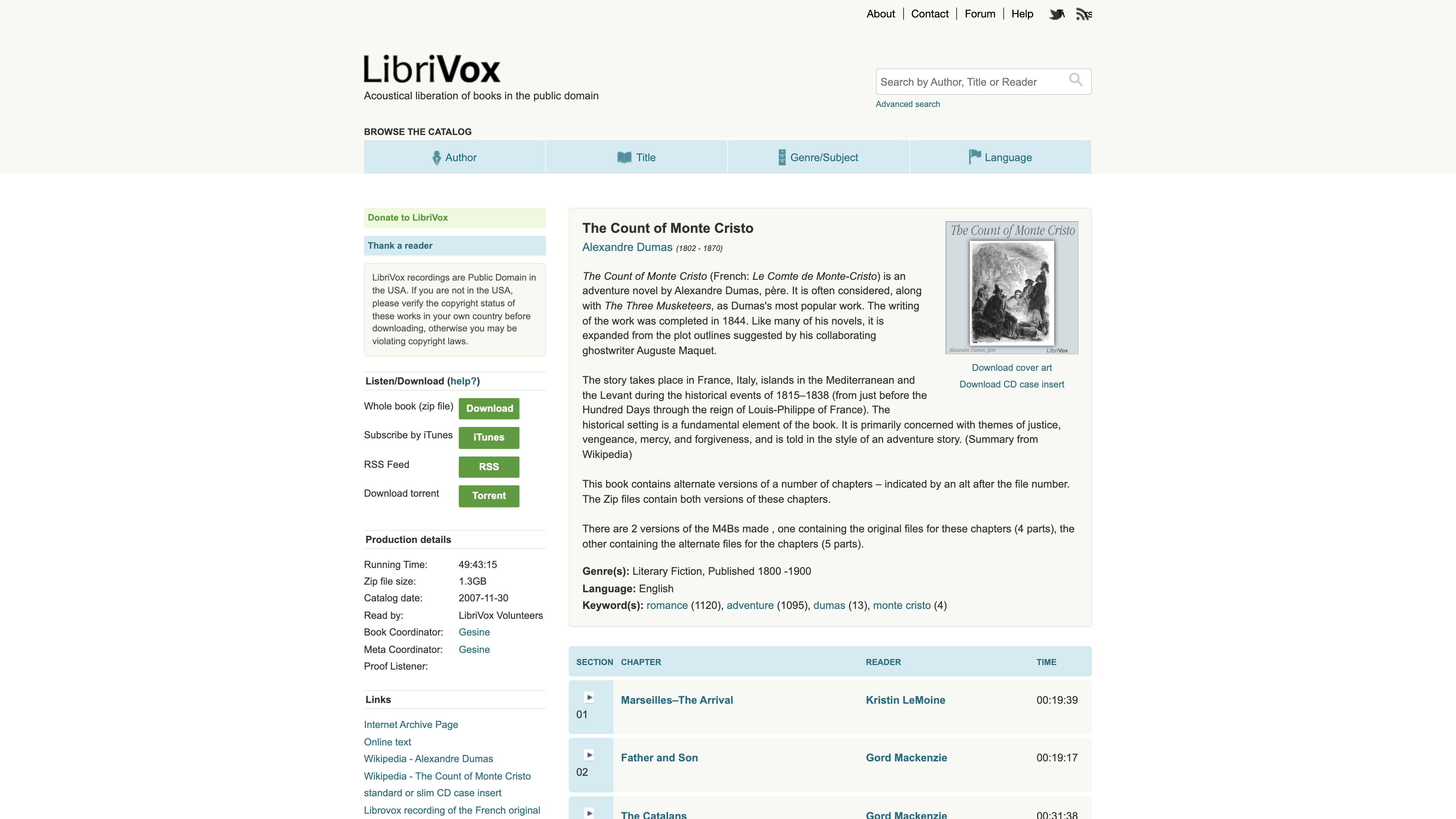 The Count of Monte Cristo book page: download options for the whole-book zip, iTunes, RSS and torrent plus production details such as running time and catalog date on the left, with the summary and per-chapter reader list in the main column