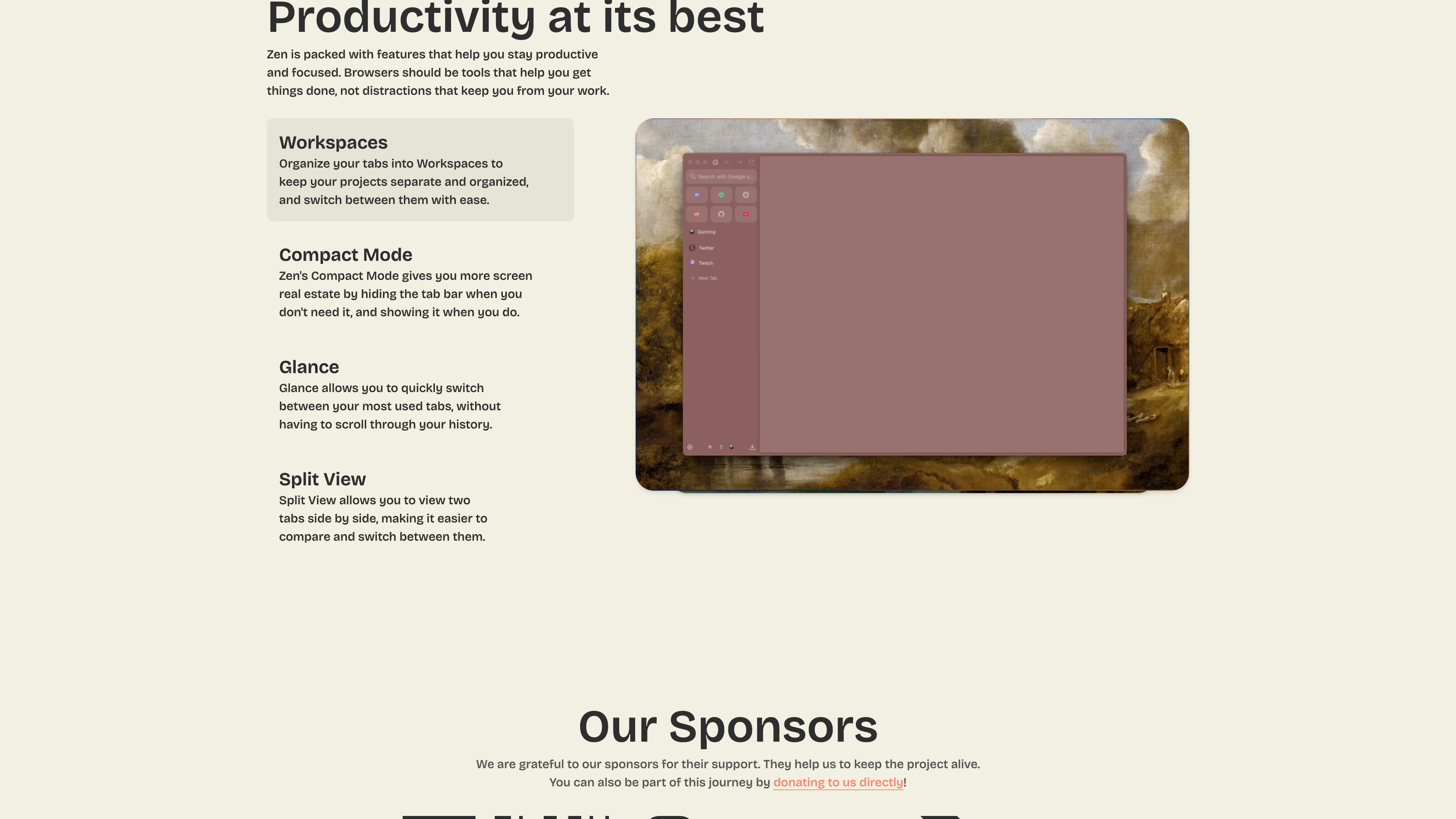 Zen's homepage feature section: Workspaces, Compact Mode, Glance and Split View next to a browser UI mockup