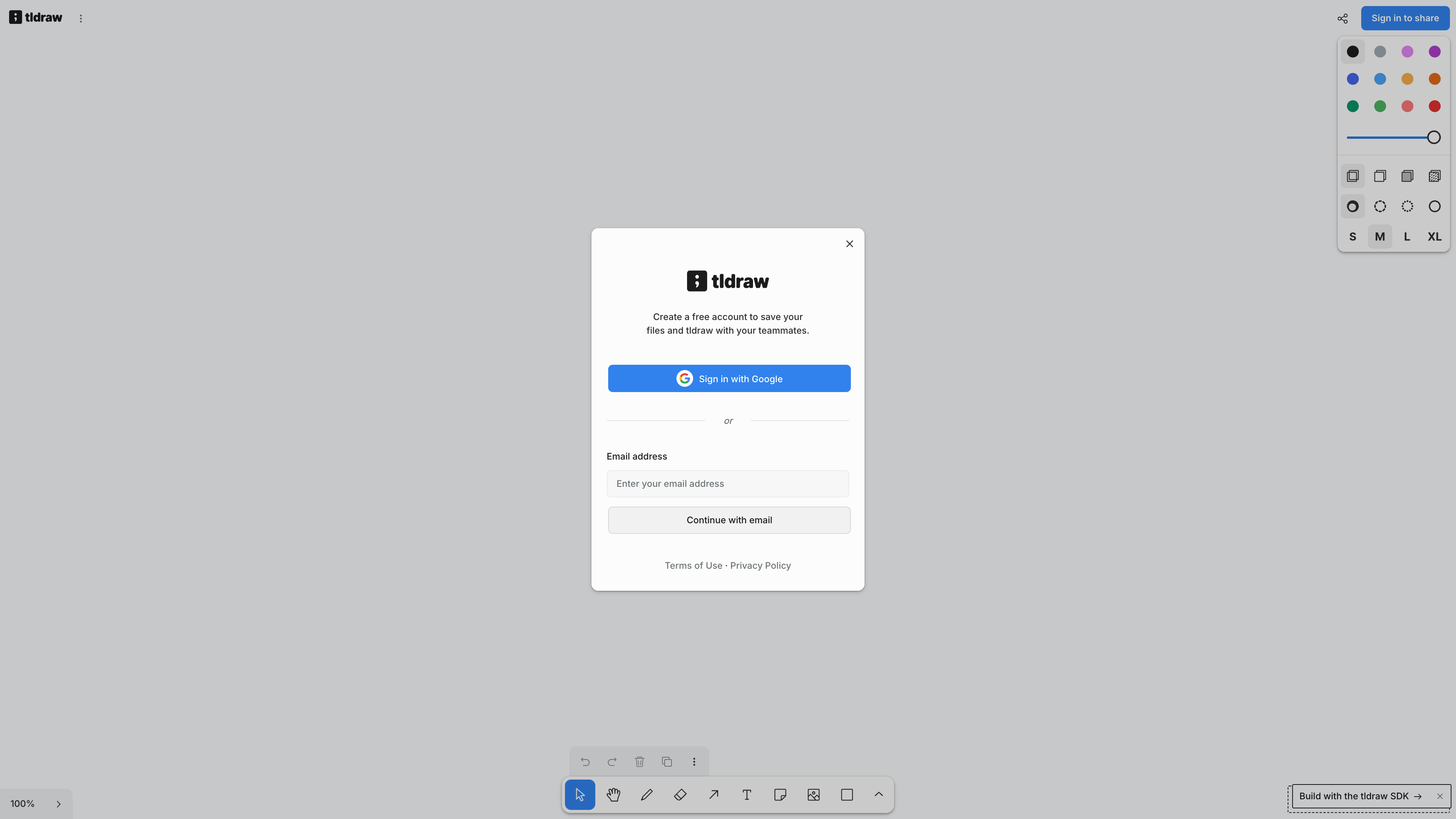 The sign-in dialog shown after clicking Sign in to share, offering Google or email registration for a free account