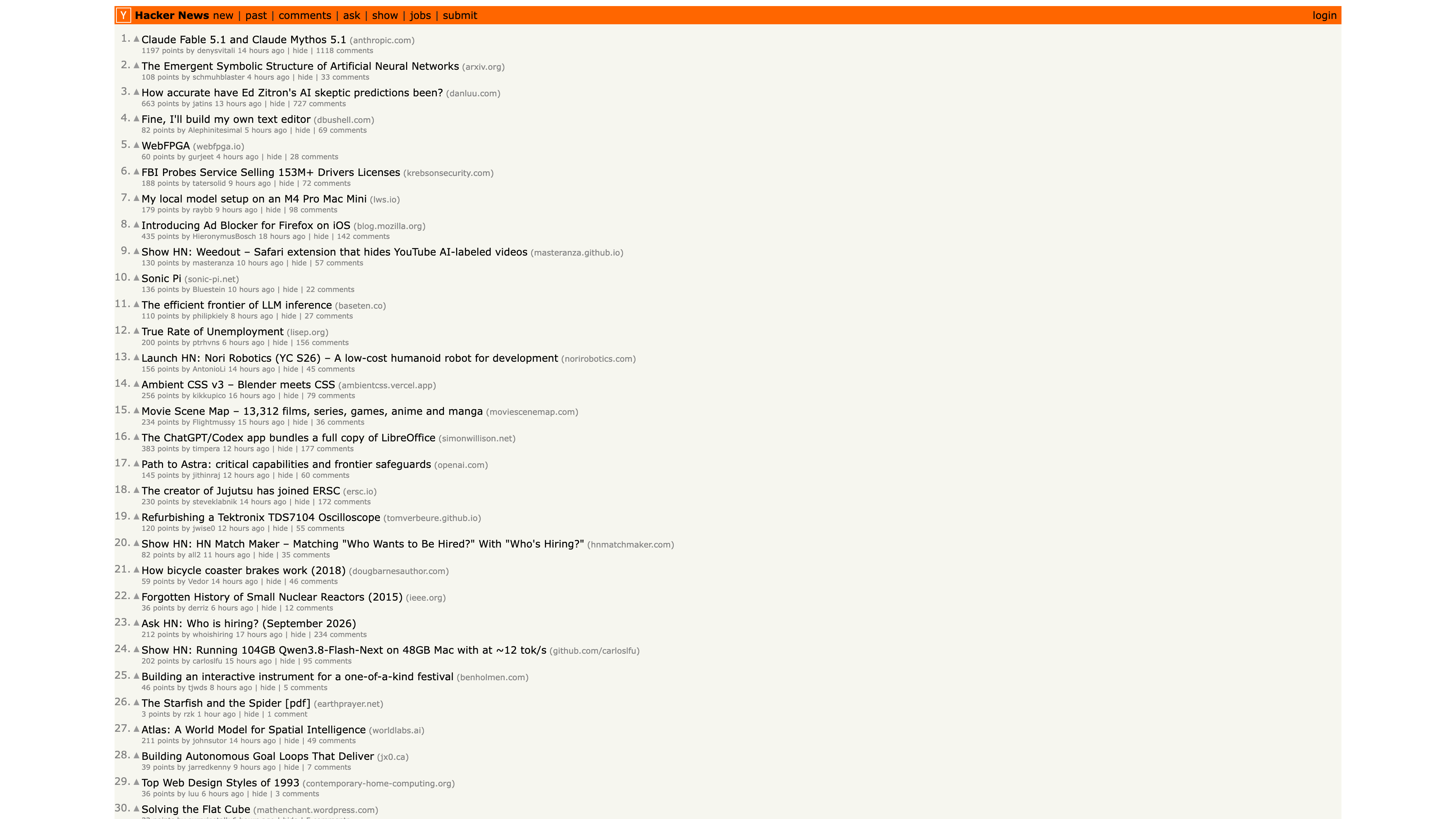 The Hacker News front page: 30 links ranked by votes and time, with navigation to new, past, ask, show and jobs at the top
