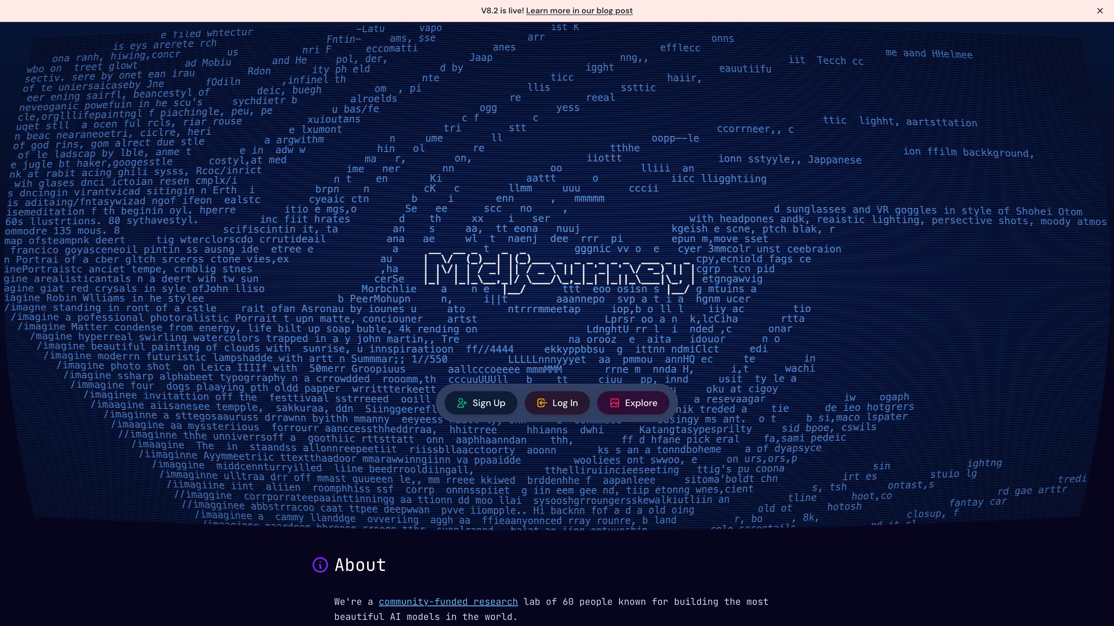 The Midjourney homepage: a field of user prompt fragments behind the brand name and Sign Up / Log In / Explore buttons