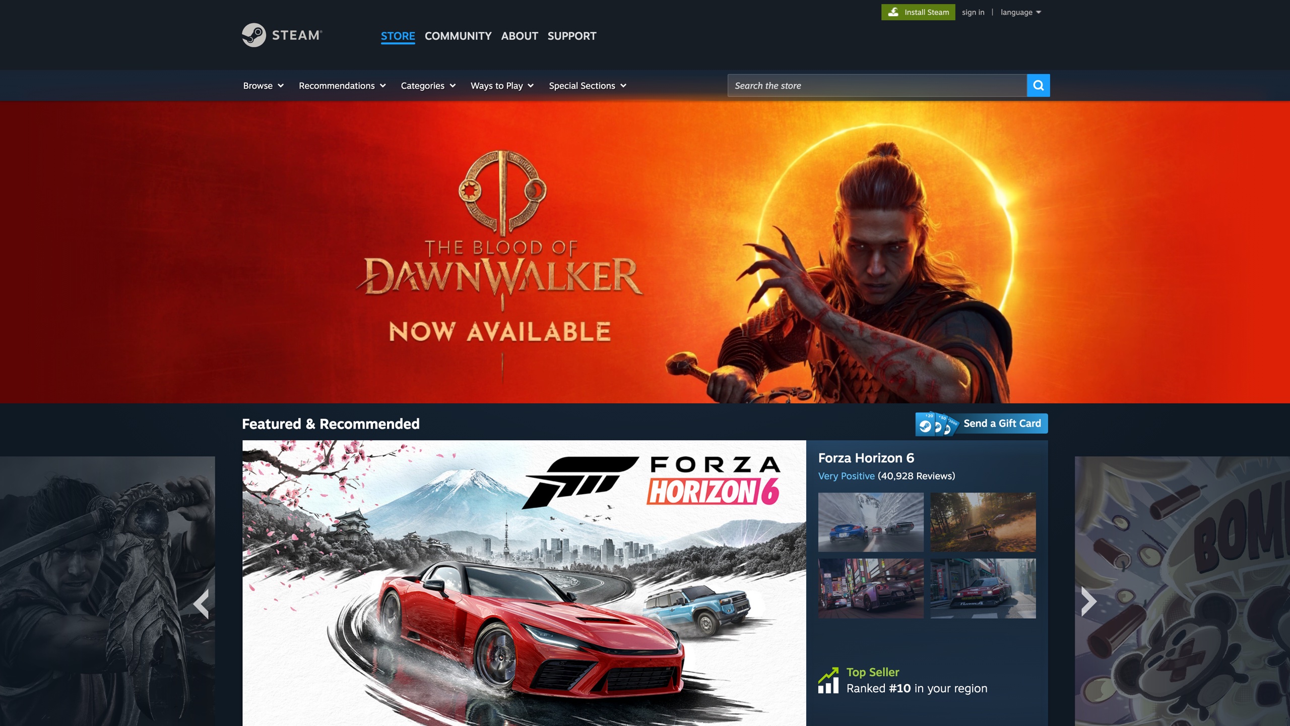 The Steam store homepage: featured-game hero banner and the Featured & Recommended carousel