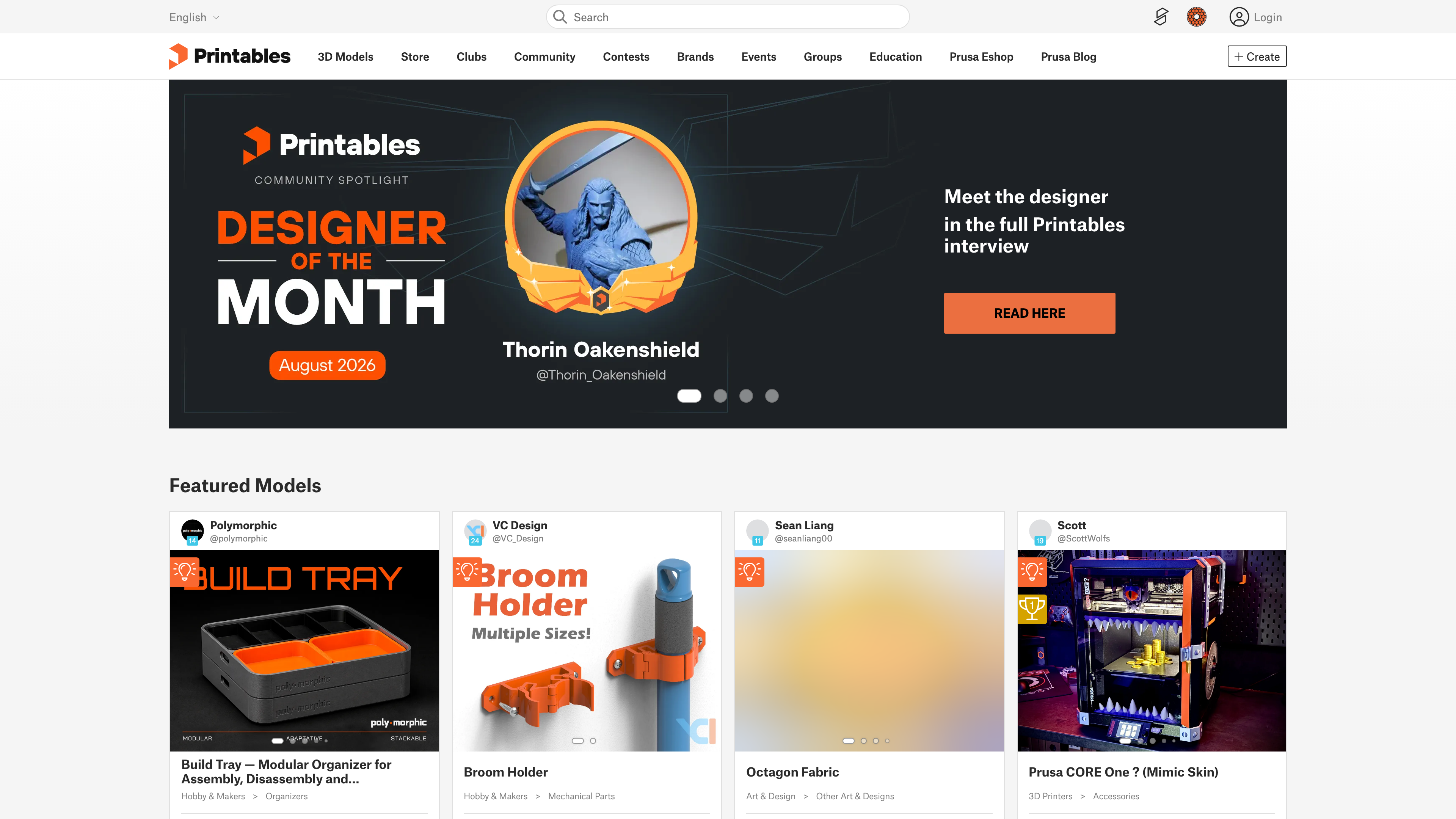 The Printables homepage: designer-of-the-month feature and running contest banners above the featured-models feed