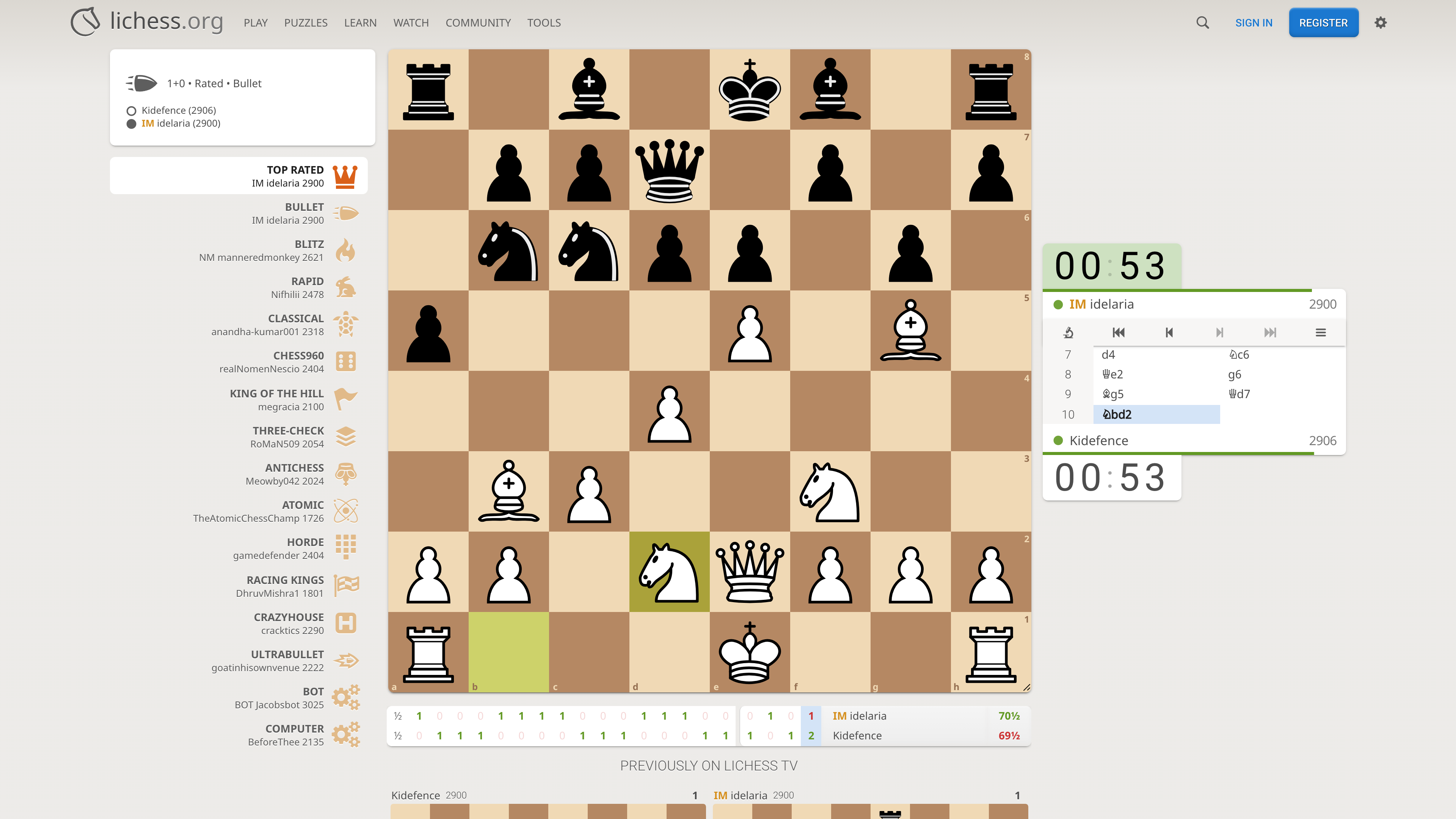 Lichess TV relaying a top Bullet game: board, leaderboards, live move list and clocks