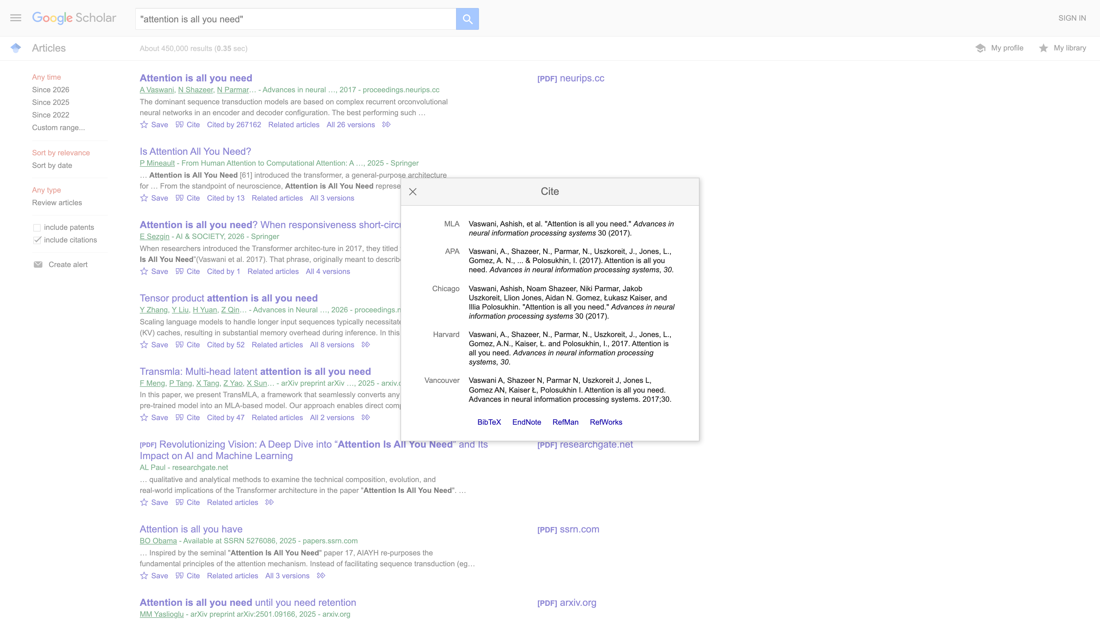 Search results for “attention is all you need”: the top hit shows 267,162 citations and 26 versions, with the Cite popup offering five citation styles and four reference-manager exports