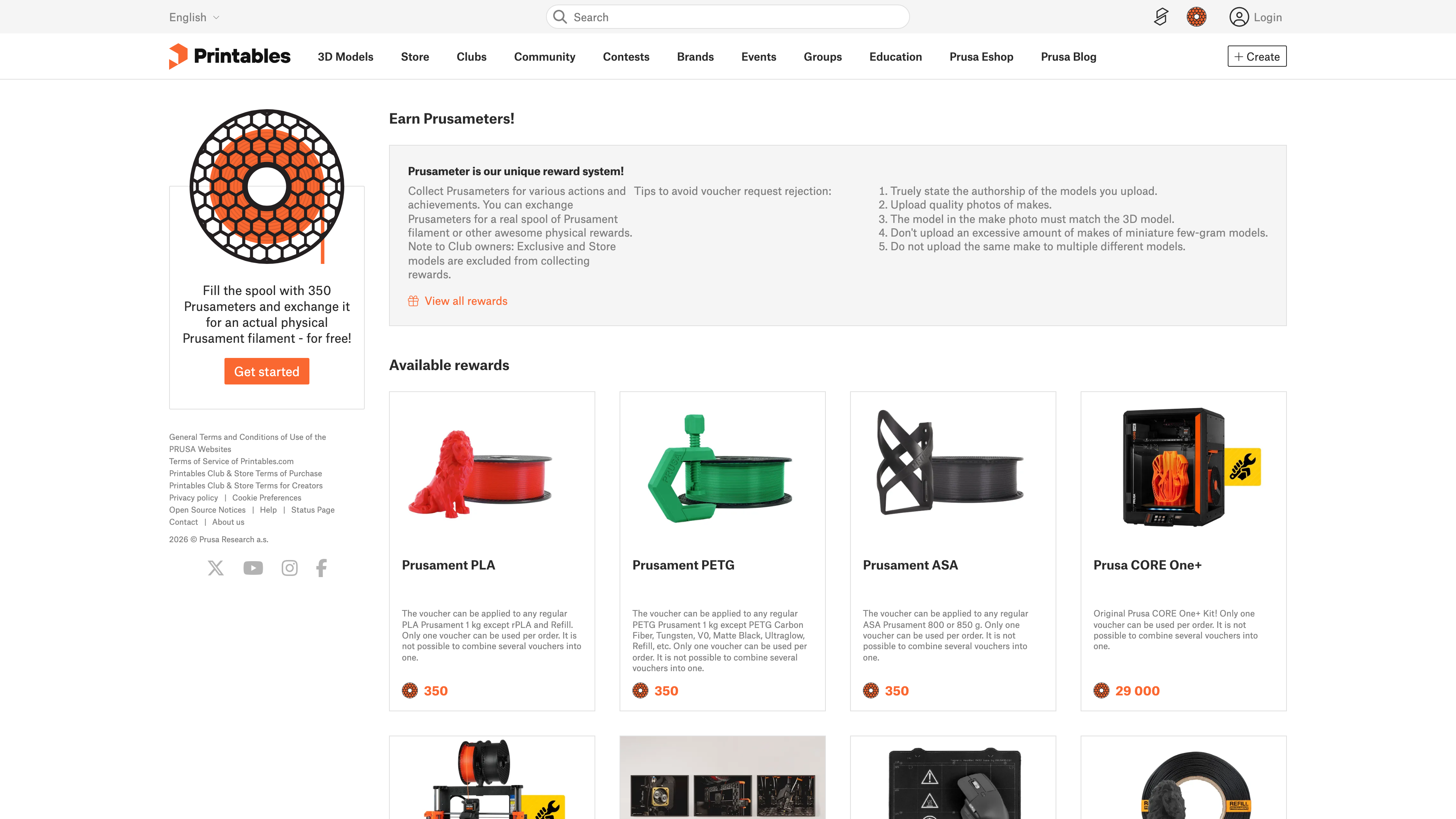 The Prusameter rewards page: 350 points exchange for a real spool of Prusament filament; printers and more listed