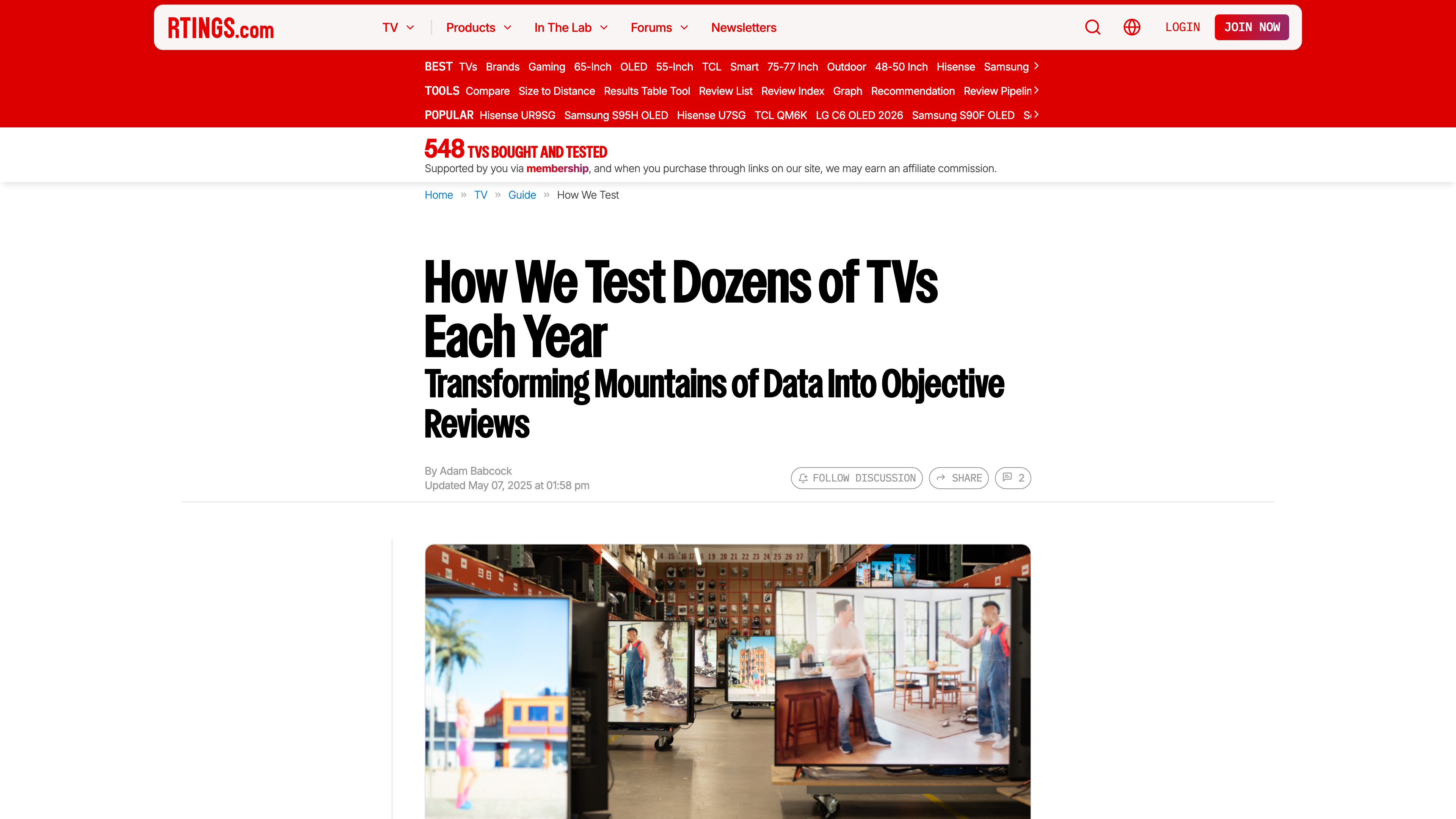 The How We Test TVs methodology article, with a photo of the lab's TV wall