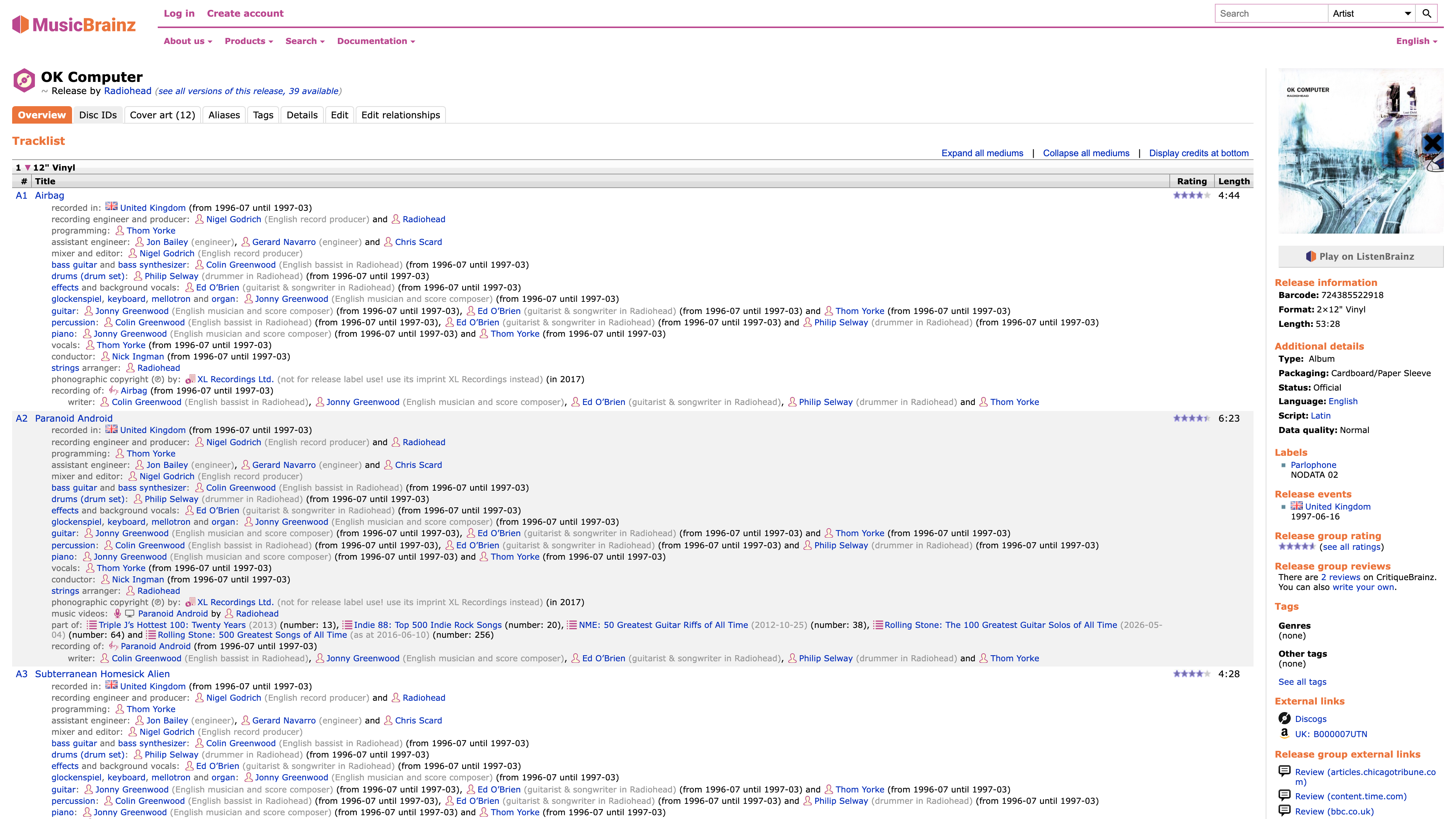 The 1997 UK vinyl release page for OK Computer: per-track credits, durations, barcode, format, label, and cover art
