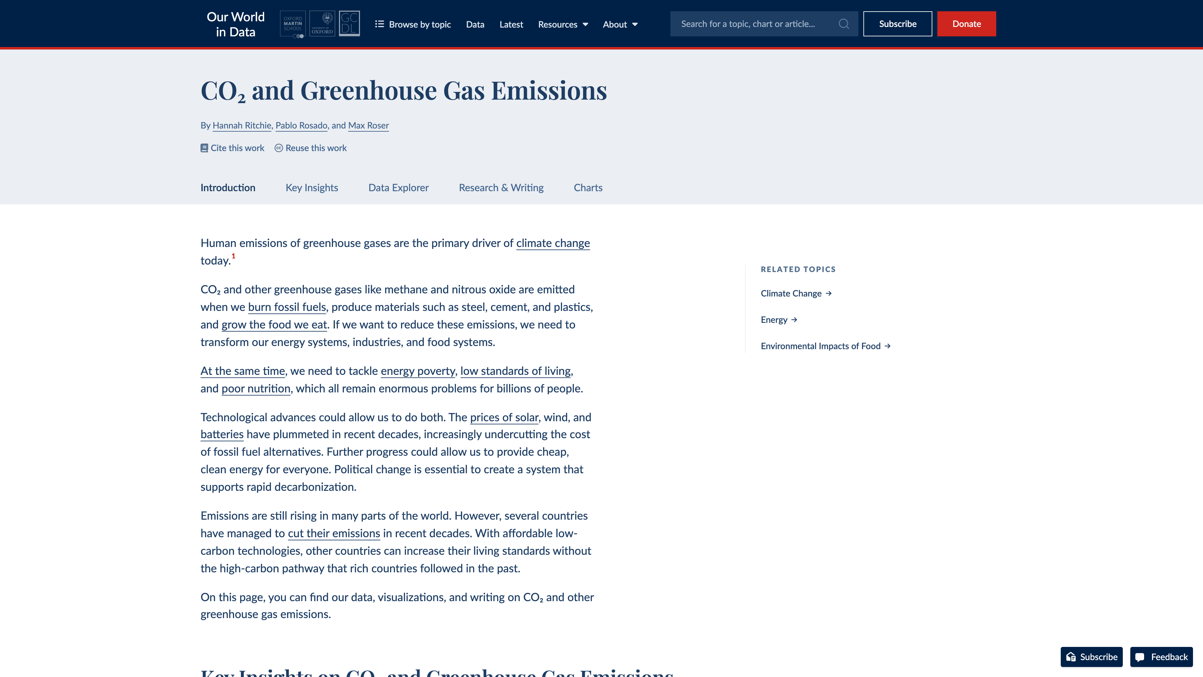 The CO₂ and Greenhouse Gas Emissions topic page: authors and citation links, a key-insights navigation bar and related topics