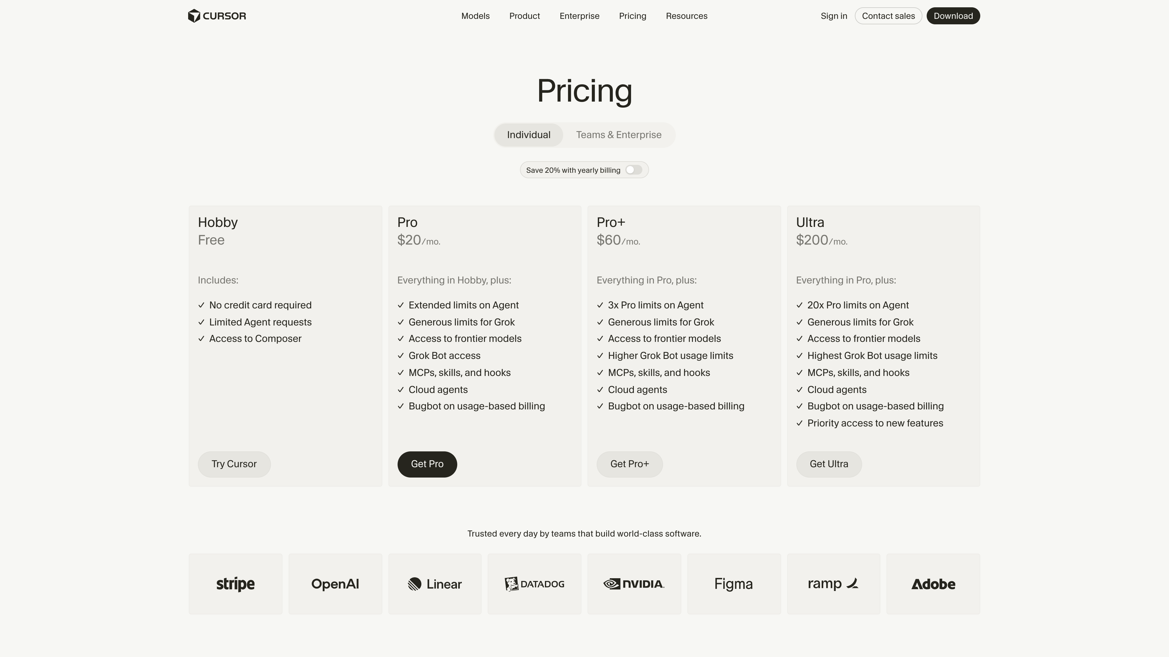 The Cursor pricing page: Hobby (Free), Pro (<span class="katex"><span class="katex-mathml"><math xmlns="http://www.w3.org/1998/Math/MathML"><semantics><mrow><mn>20</mn><mi mathvariant="normal">/</mi><mi>m</mi><mi>o</mi><mo stretchy="false">)</mo><mo separator="true">,</mo><mi>P</mi><mi>r</mi><mi>o</mi><mo>+</mo><mo stretchy="false">(</mo></mrow><annotation encoding="application/x-tex">20/mo), Pro+ (</annotation></semantics></math></span><span class="katex-html" aria-hidden="true"><span class="katex-base"><span class="katex-strut" style="height:1em;vertical-align:-0.25em;"></span><span class="mord">20/</span><span class="mord mathnormal">m</span><span class="mord mathnormal">o</span><span class="mclose">)</span><span class="mpunct">,</span><span class="mspace" style="margin-right:0.1667em;"></span><span class="mord mathnormal" style="margin-right:0.1389em;">P</span><span class="mord mathnormal" style="margin-right:0.0278em;">r</span><span class="mord mathnormal">o</span><span class="mspace" style="margin-right:0.2222em;"></span><span class="mbin">+</span><span class="mspace" style="margin-right:0.2222em;"></span></span><span class="katex-base"><span class="katex-strut" style="height:1em;vertical-align:-0.25em;"></span><span class="mopen">(</span></span></span></span>60/mo), and Ultra ($200/mo) side by side, with a Teams & Enterprise toggle at the top