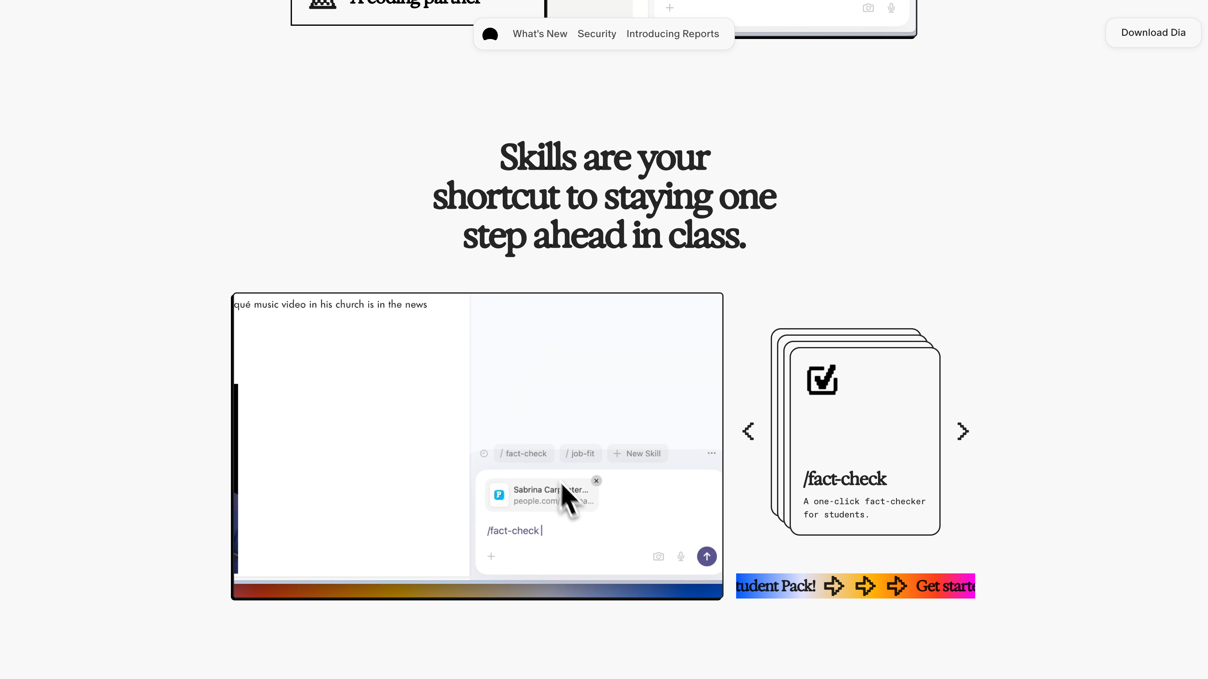 The Skills section on Dia's students page: /fact-check and /job-fit chips in the chat input plus a New Skill button