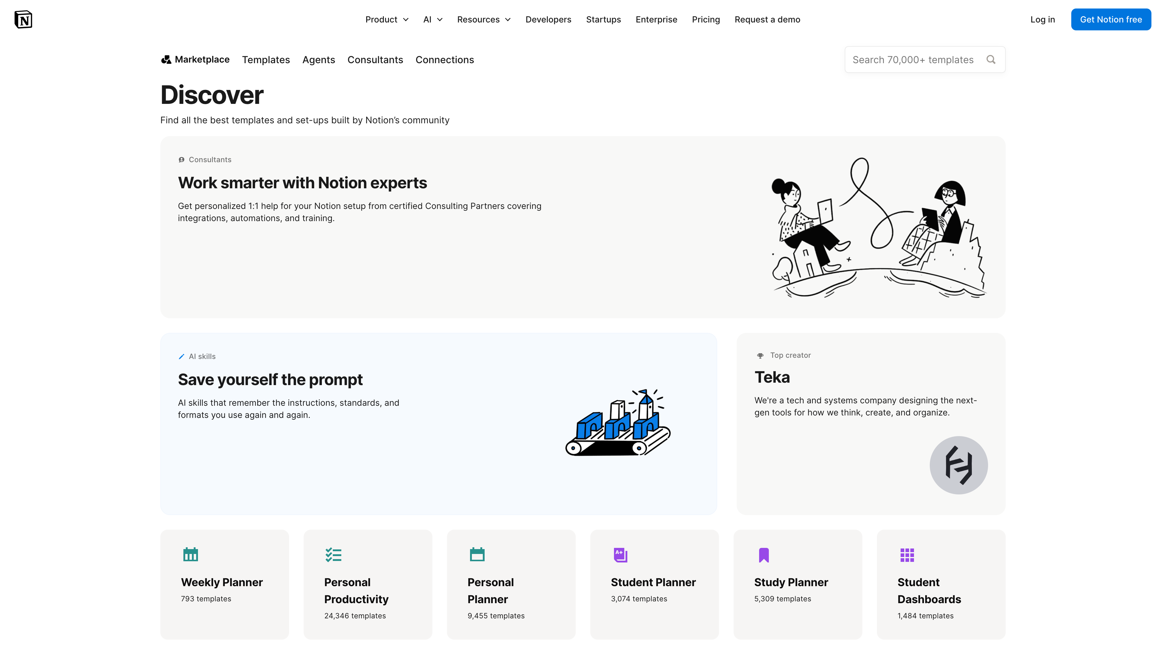 The Notion Marketplace Discover page, whose search box advertises 70,000+ templates