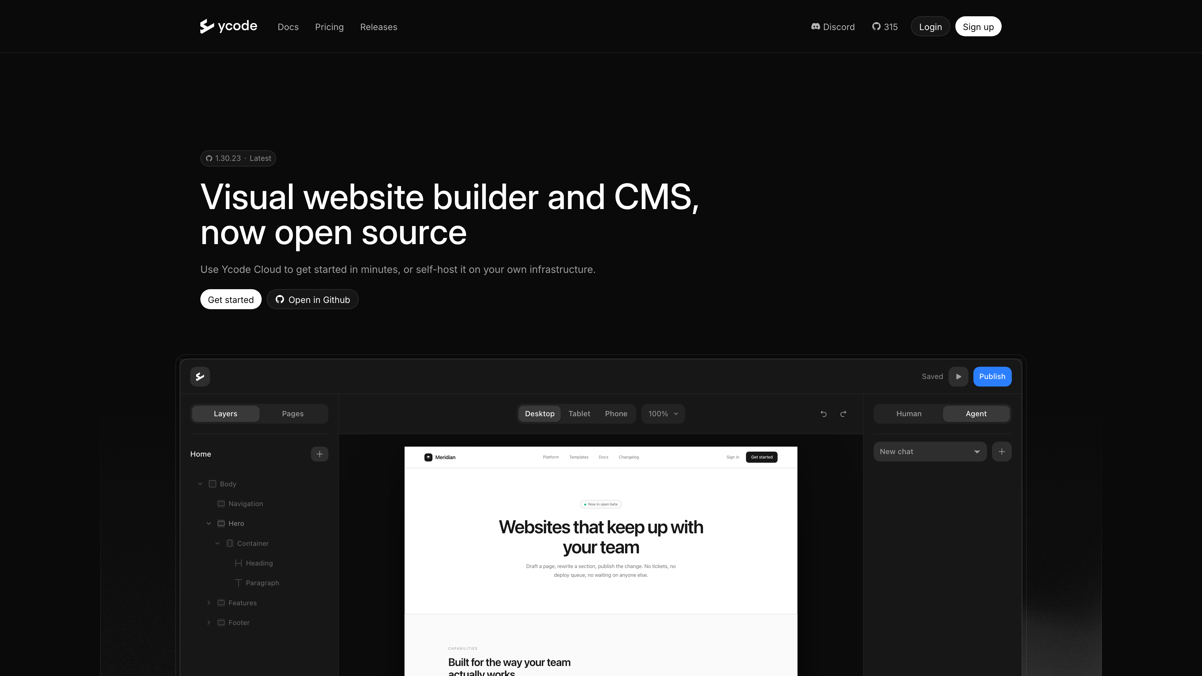 Ycode homepage: an open-source visual website builder and CMS