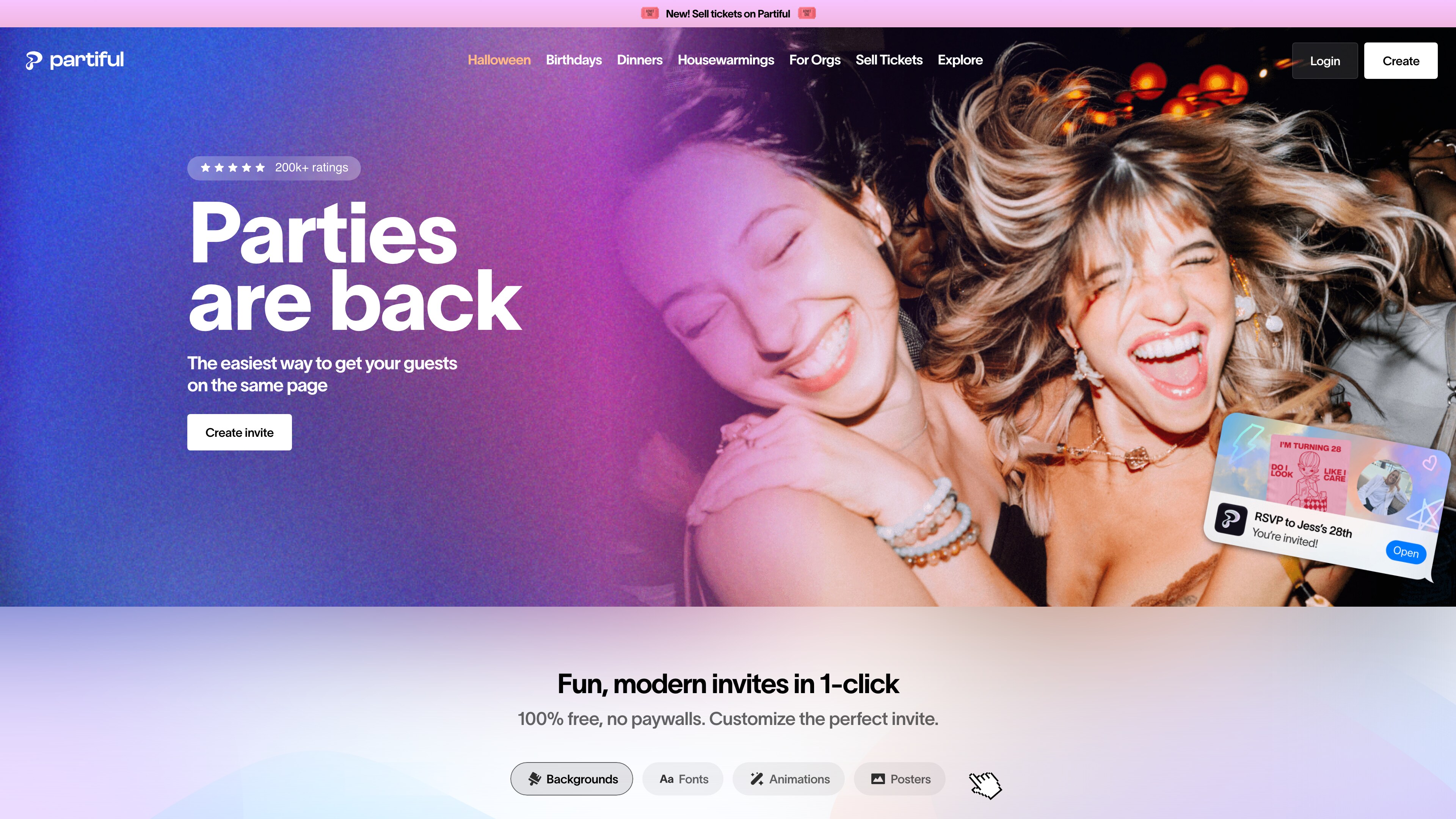 The Partiful homepage: the hero reads "Parties are back," with a 200k+ ratings badge, scenario-based navigation, and a mock RSVP text notification