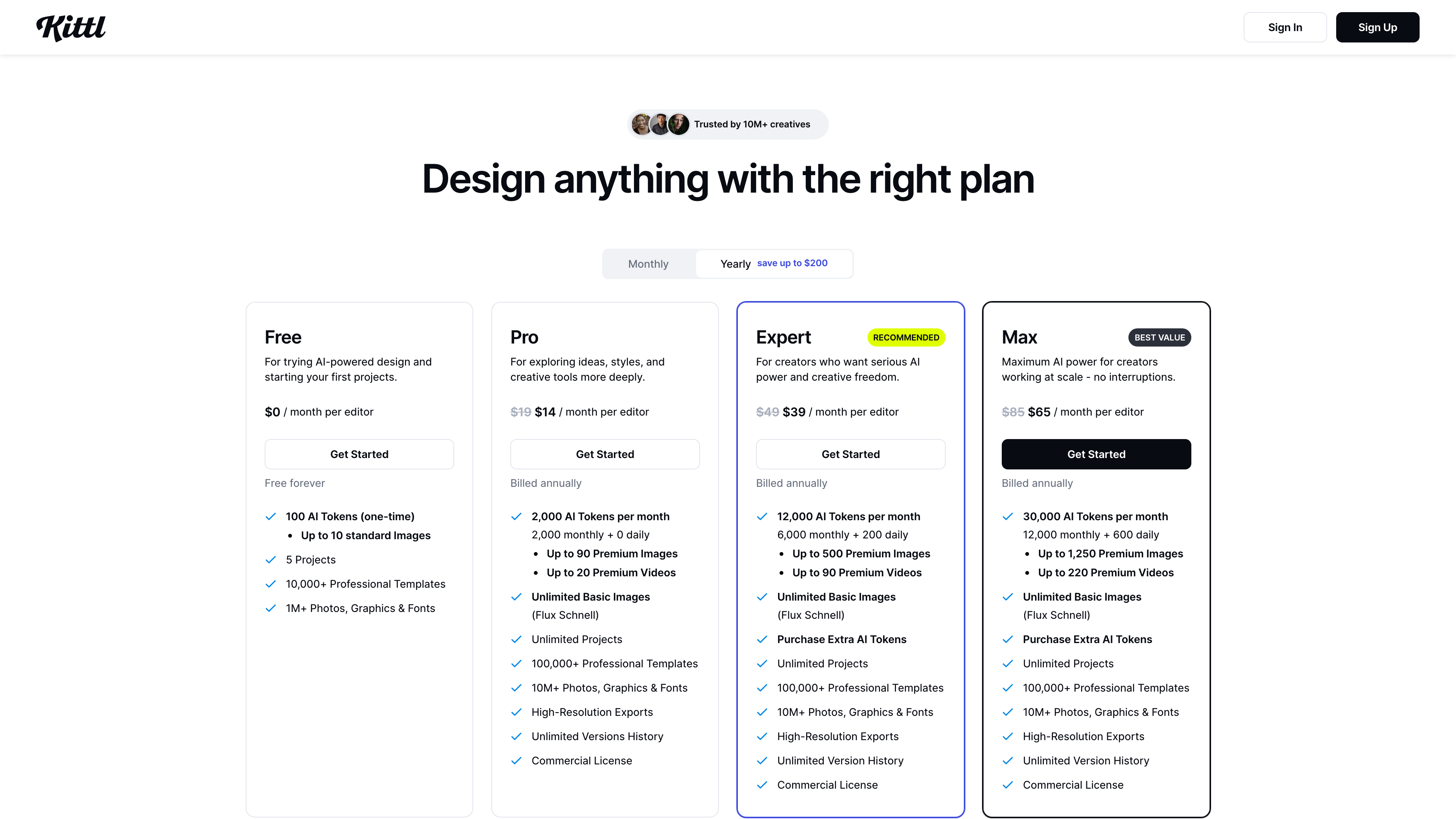 Kittl pricing page: Free, Pro, Expert, and Max tiers side by side with annual per-month prices and per-plan token, template, and licensing differences