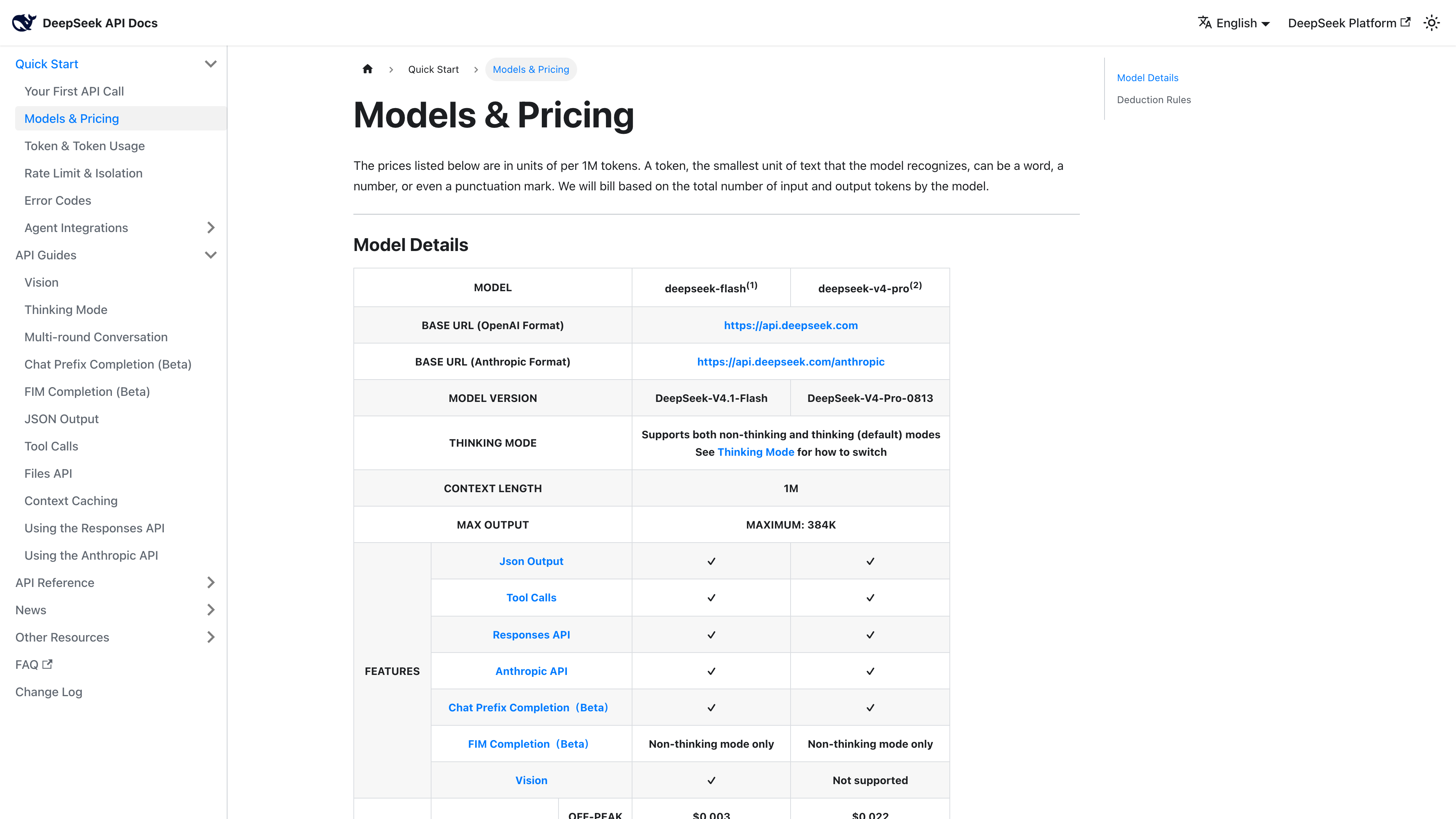 The Models & Pricing page of the DeepSeek API docs: endpoint URLs, context length, feature matrix and price table for deepseek-flash and deepseek-v4-pro