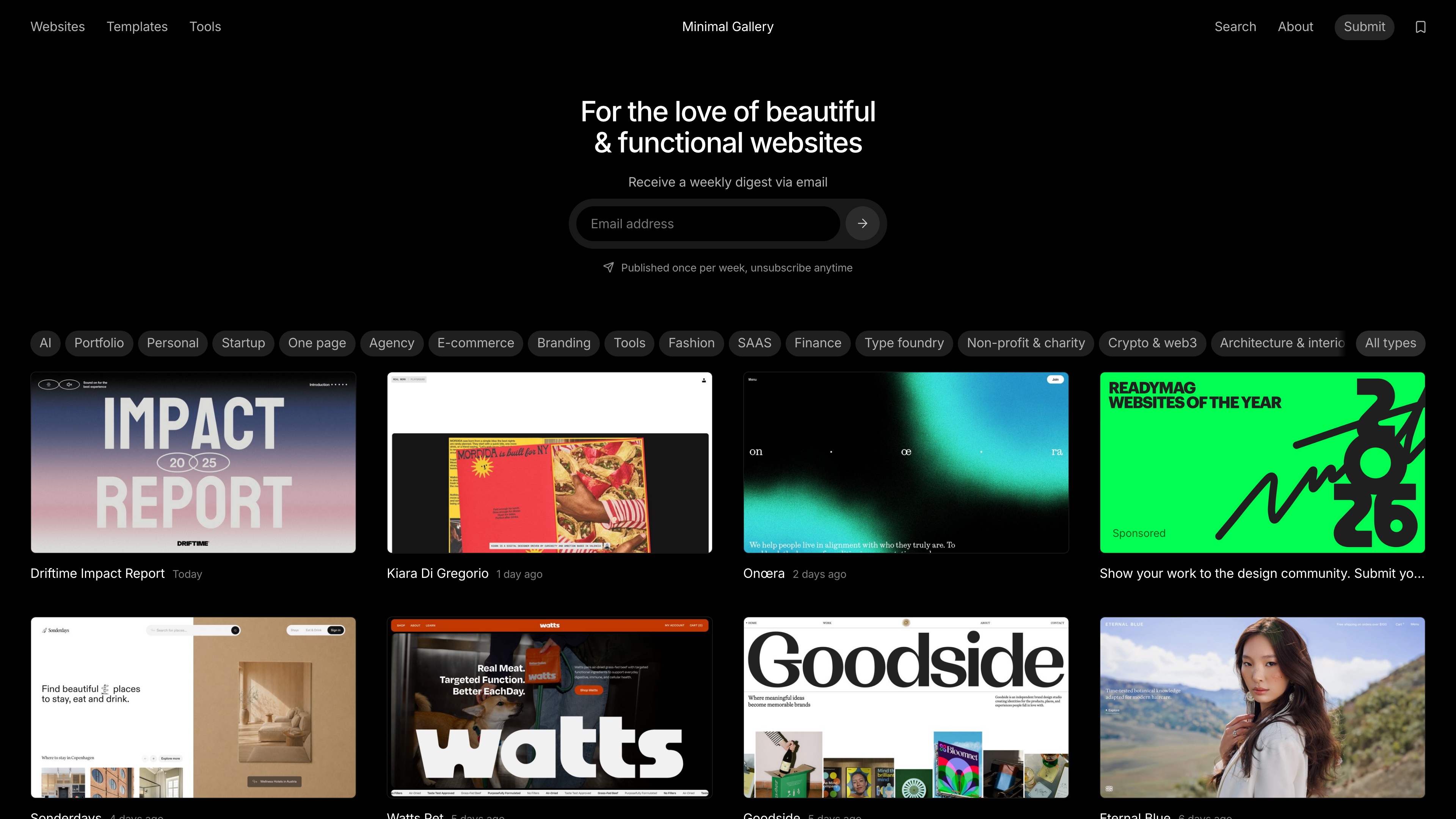 Minimal Gallery homepage: the entry grid with type filters