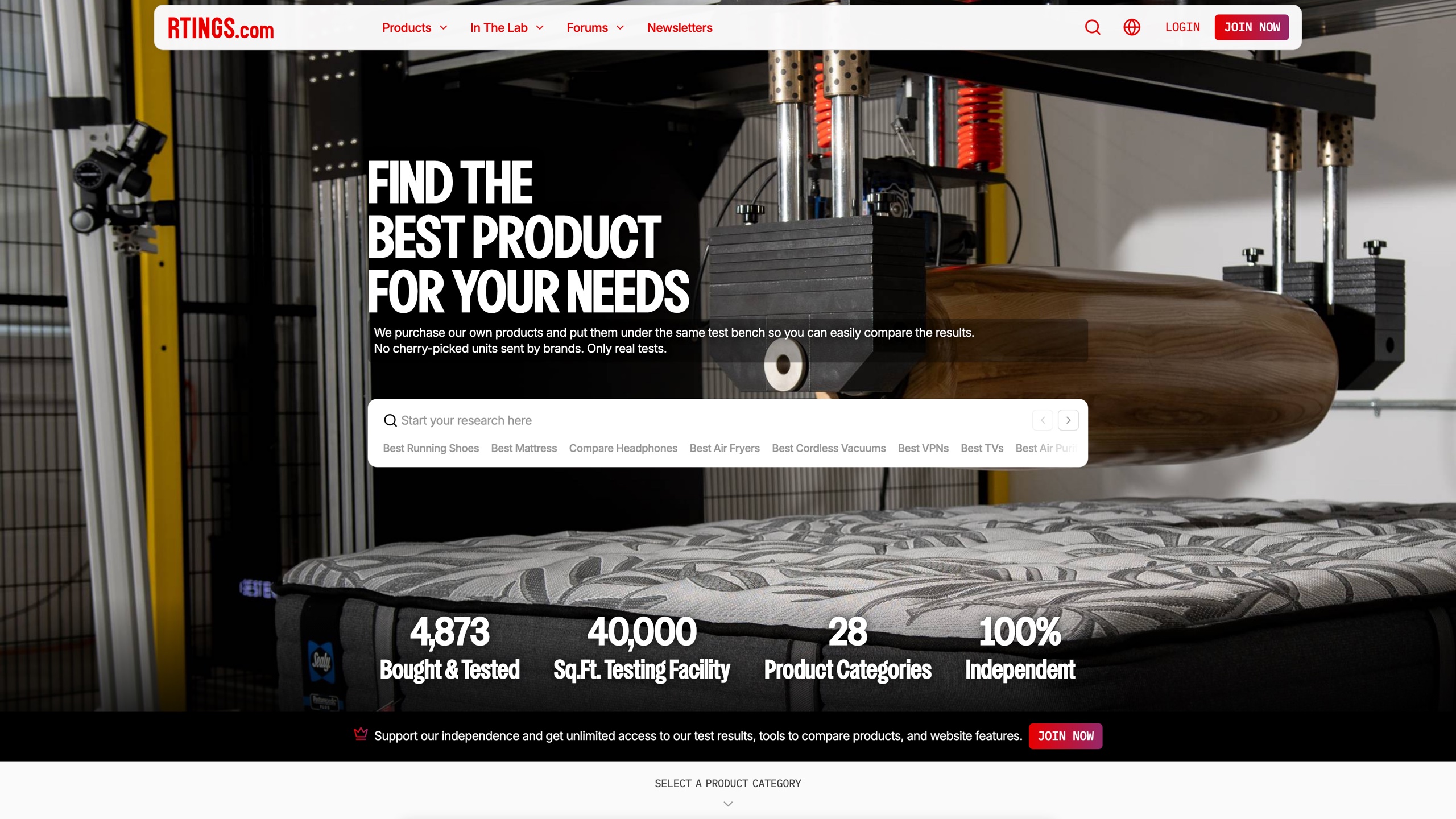 The RTINGS homepage: below the hero, the site lists products bought and tested, lab size, category count, and its independence pledge