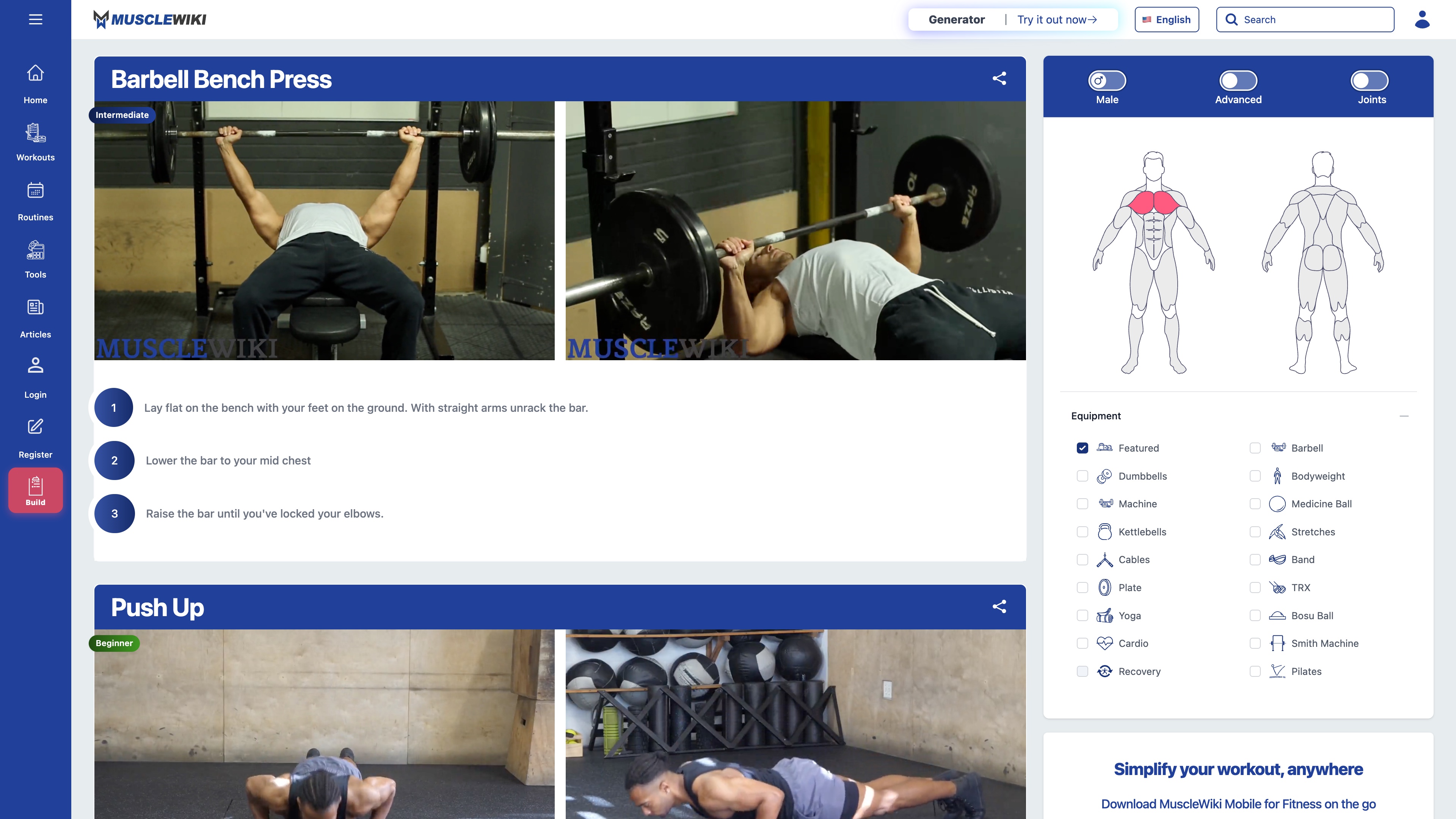 The chest exercise list: each entry shows dual-angle videos, a difficulty badge, and numbered cues