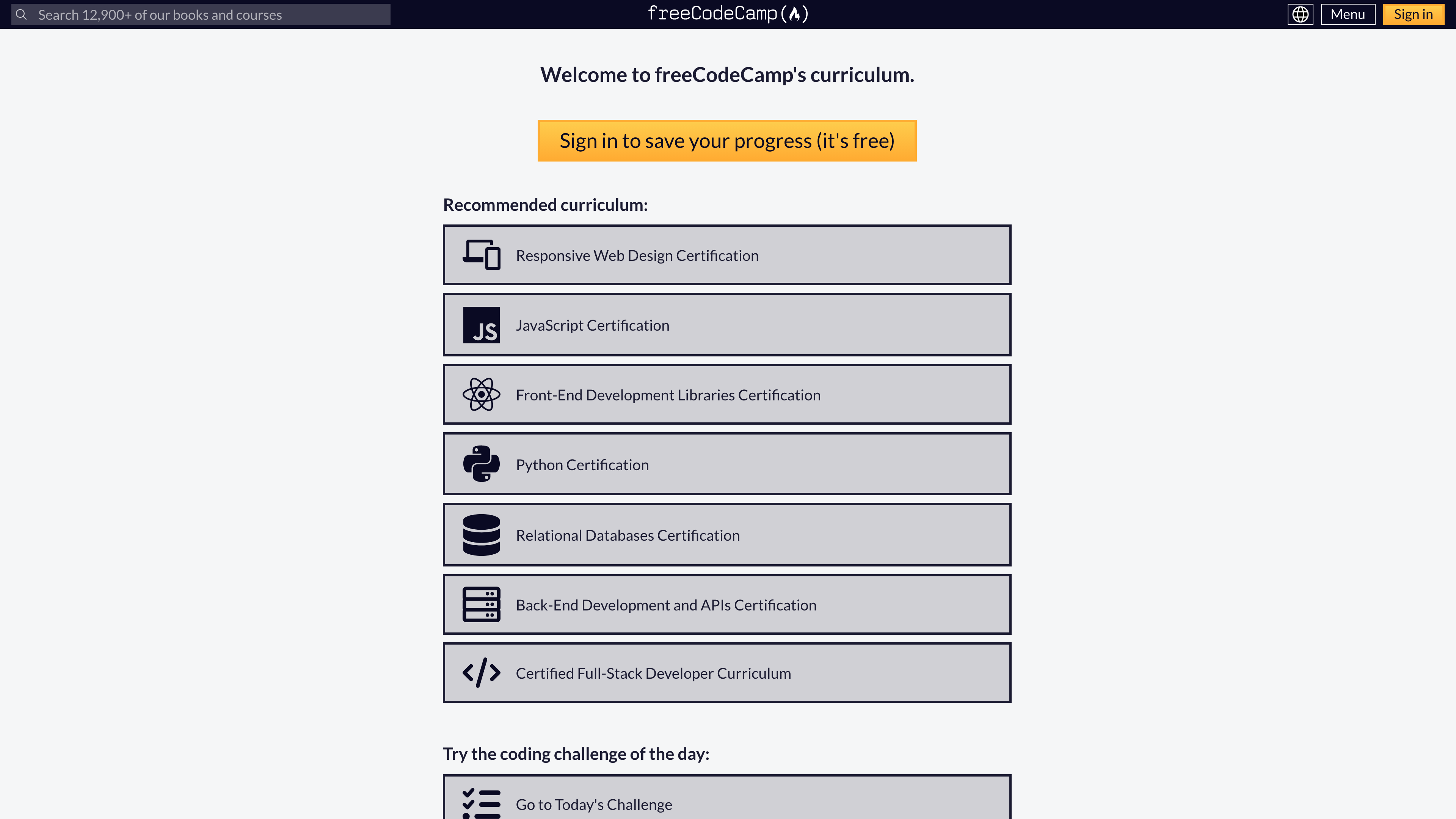 The freeCodeCamp /learn curriculum page listing the seven current Core certifications