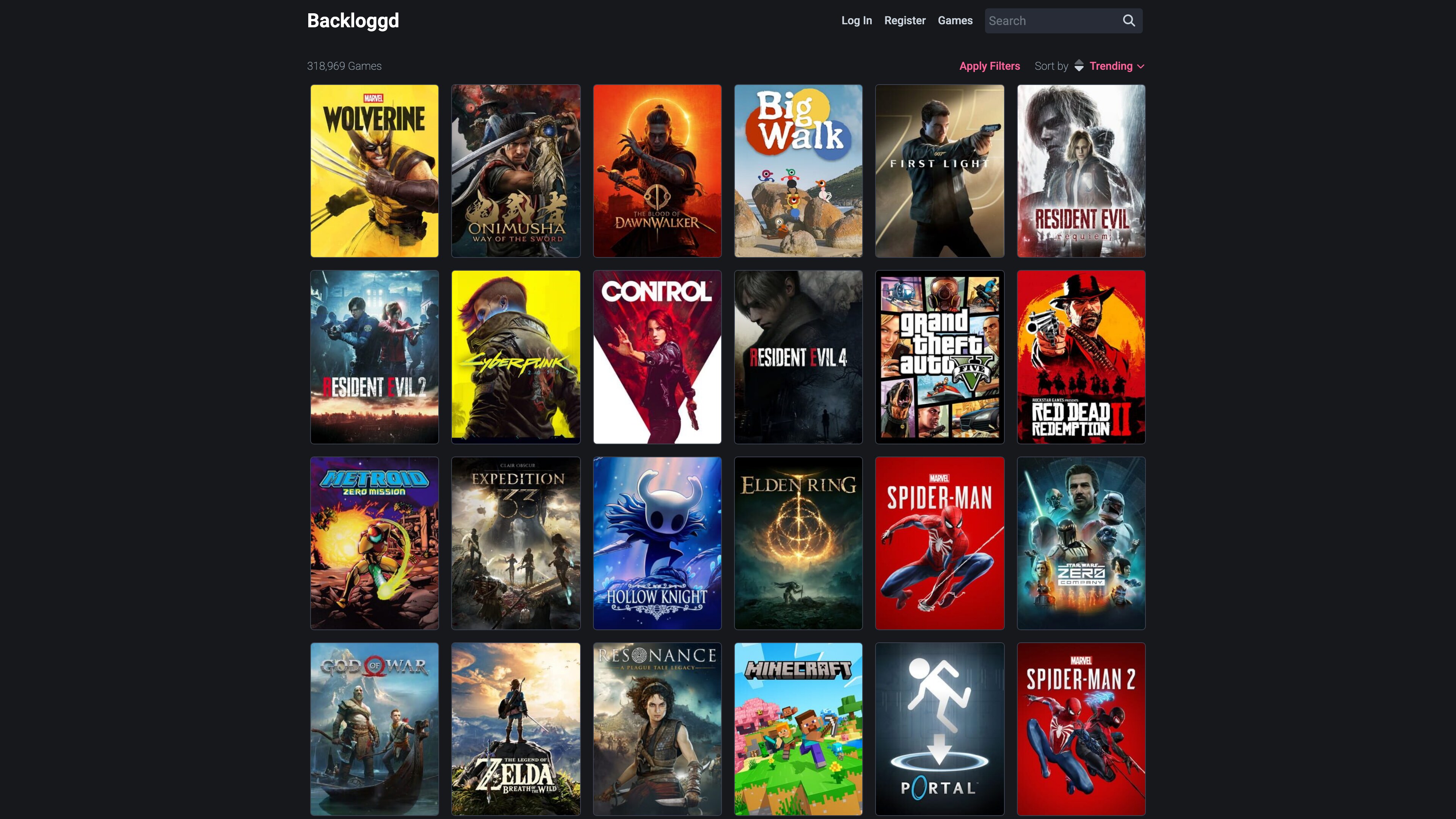 Backloggd's game browser: a cover grid sorted by Trending, with 318,969 games and filters for category, release year, genre, platform, rating and obscurity