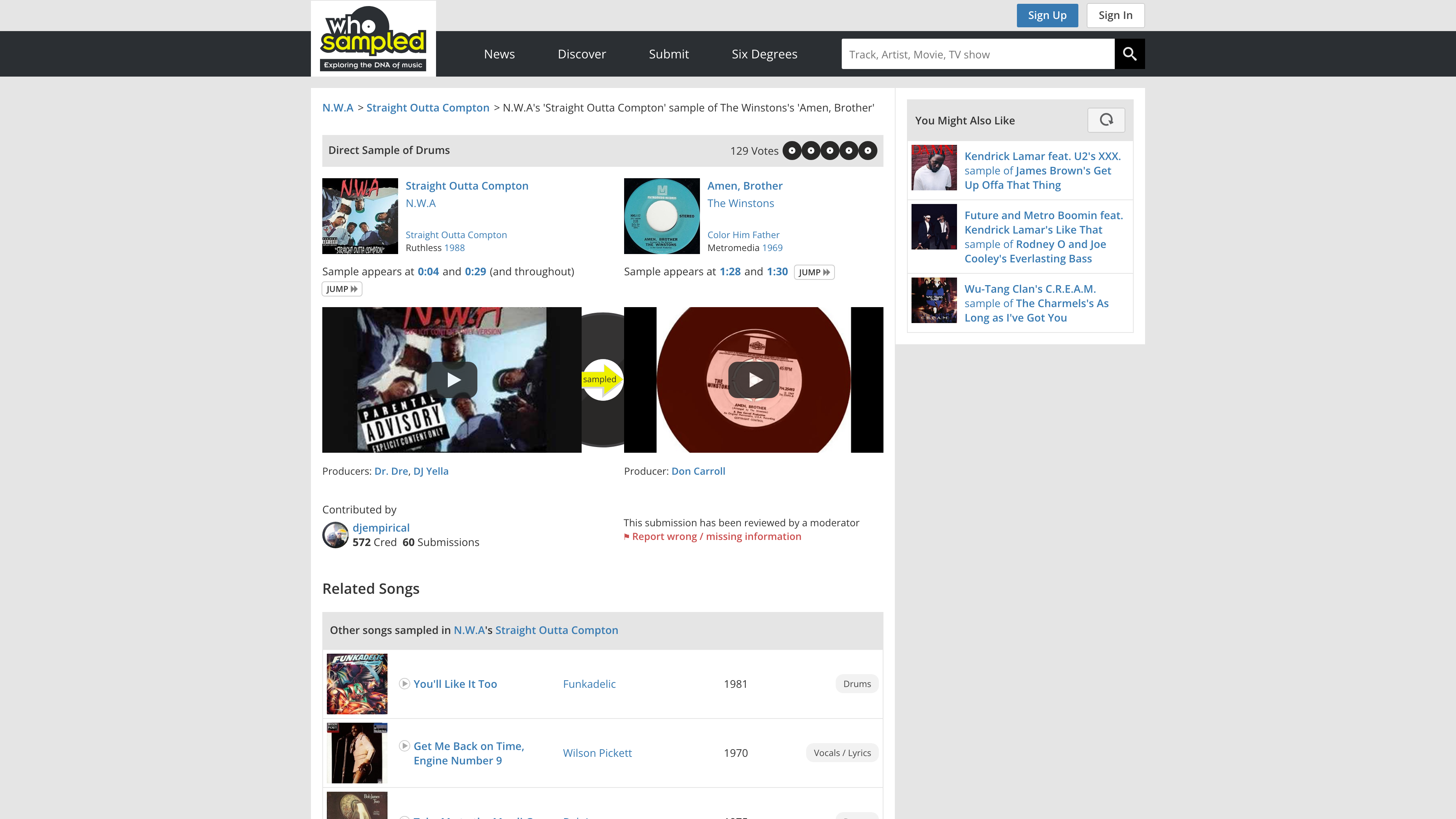 A sample entry page: N.W.A's Straight Outta Compton sampling Amen, Brother, with timestamps and moderation marks