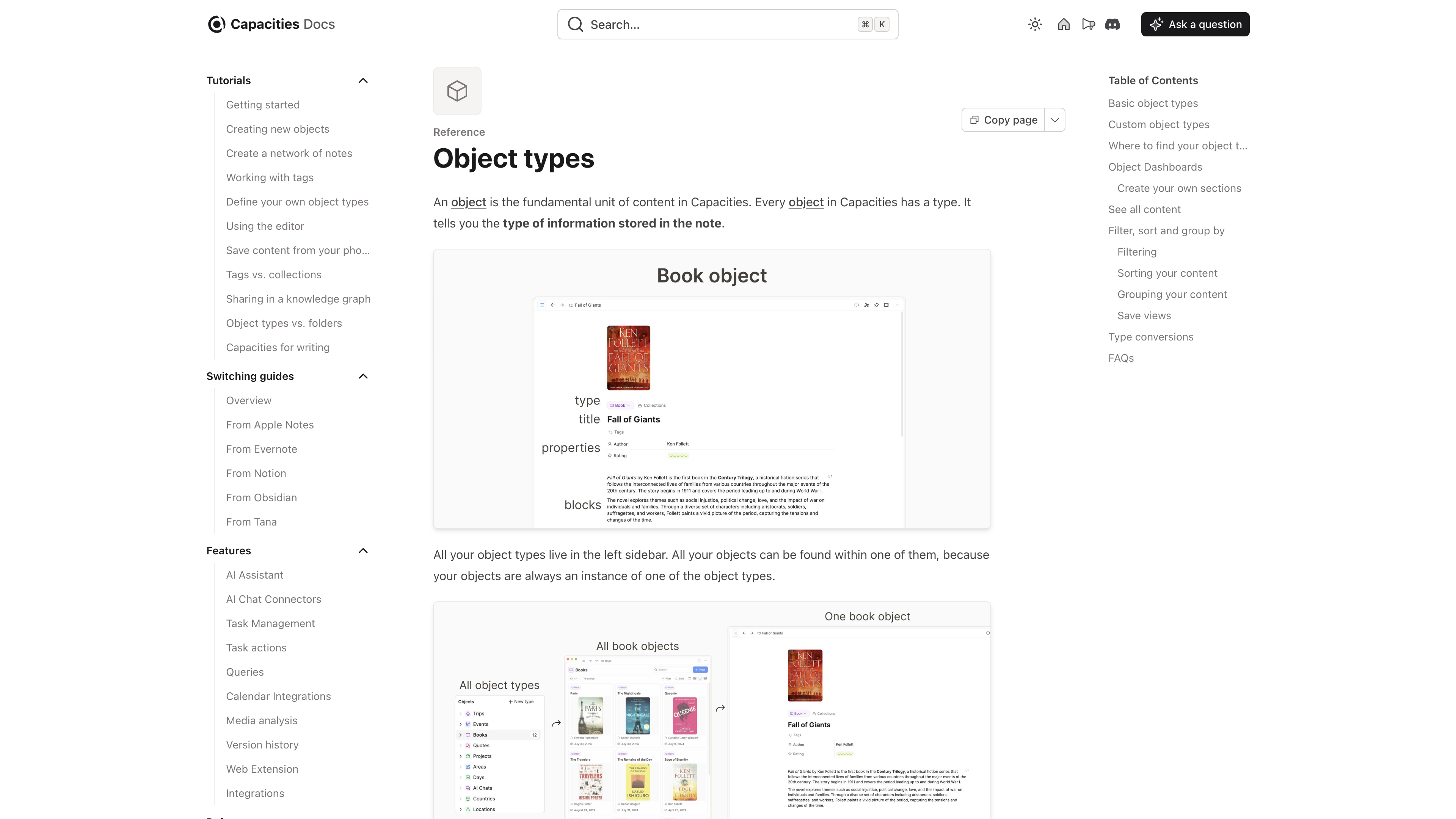 Capacities documentation on object types: a Book object diagrammed into type, properties, and blocks, with the docs navigation on the left