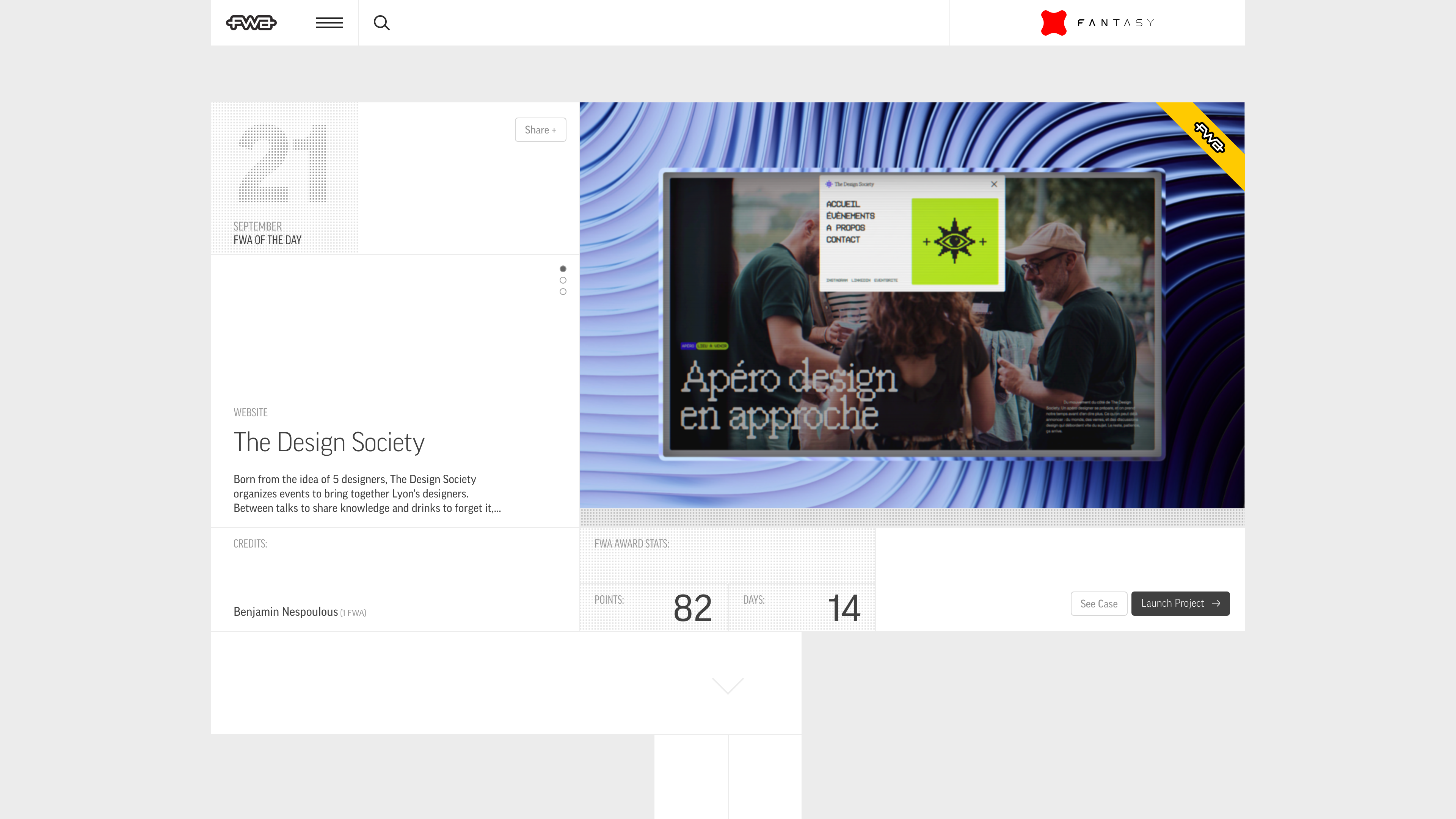 The FWA homepage: the current FWA of the Day with its jury score
