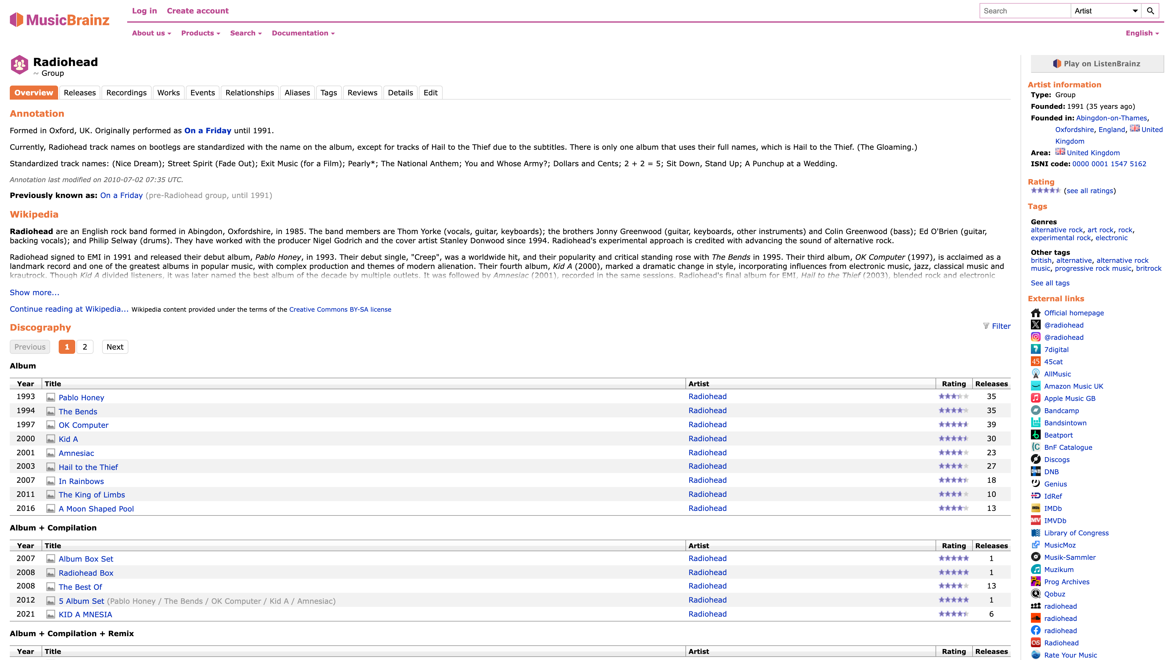 Radiohead's artist page: community annotation, Wikipedia summary, discography grouped by type, ratings, tags, and external links