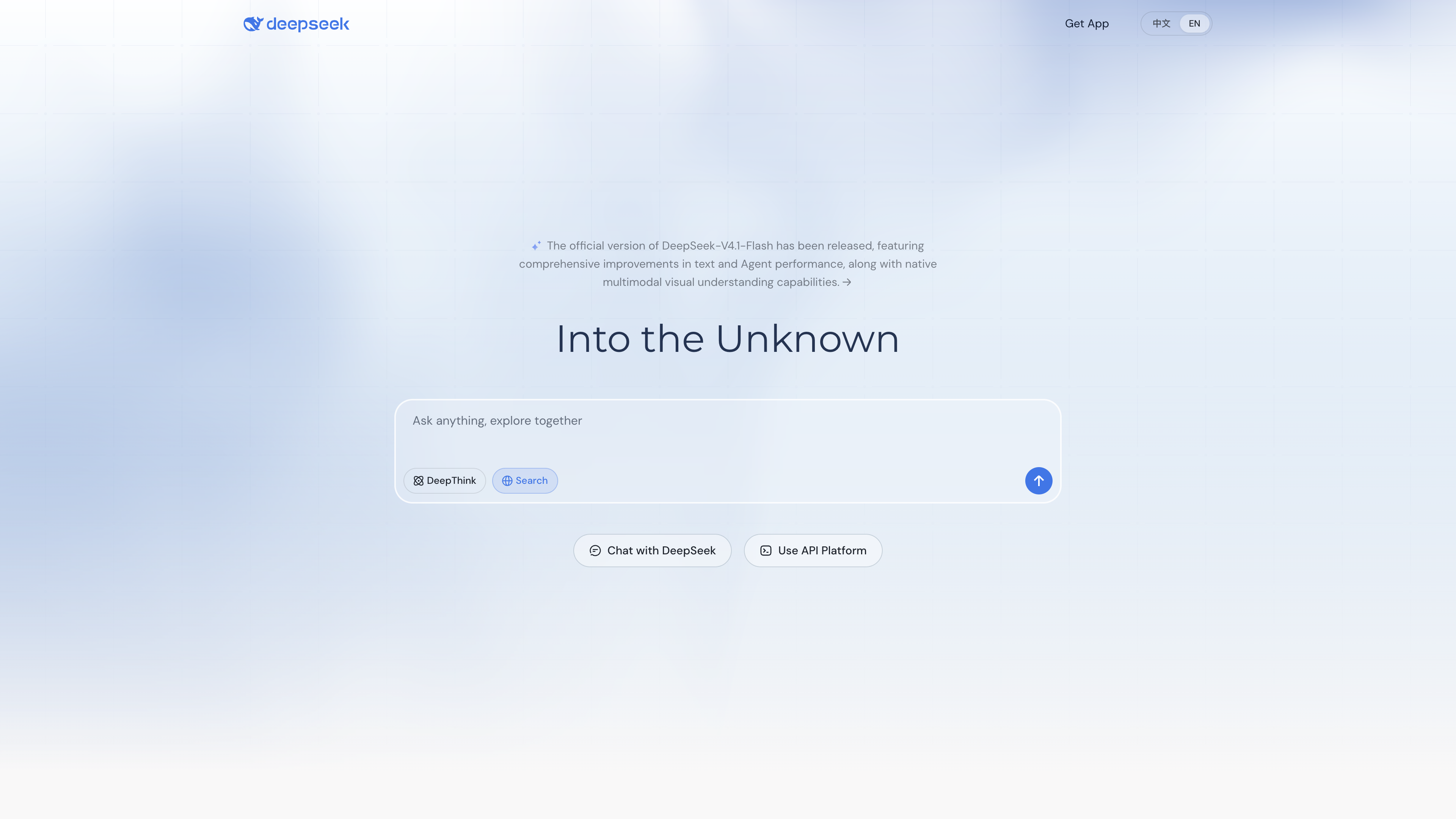 DeepSeek's English homepage: a V4.1-Flash announcement on top, a chat composer with DeepThink and Search toggles in the center, and Chat with DeepSeek / Use API Platform entry points below