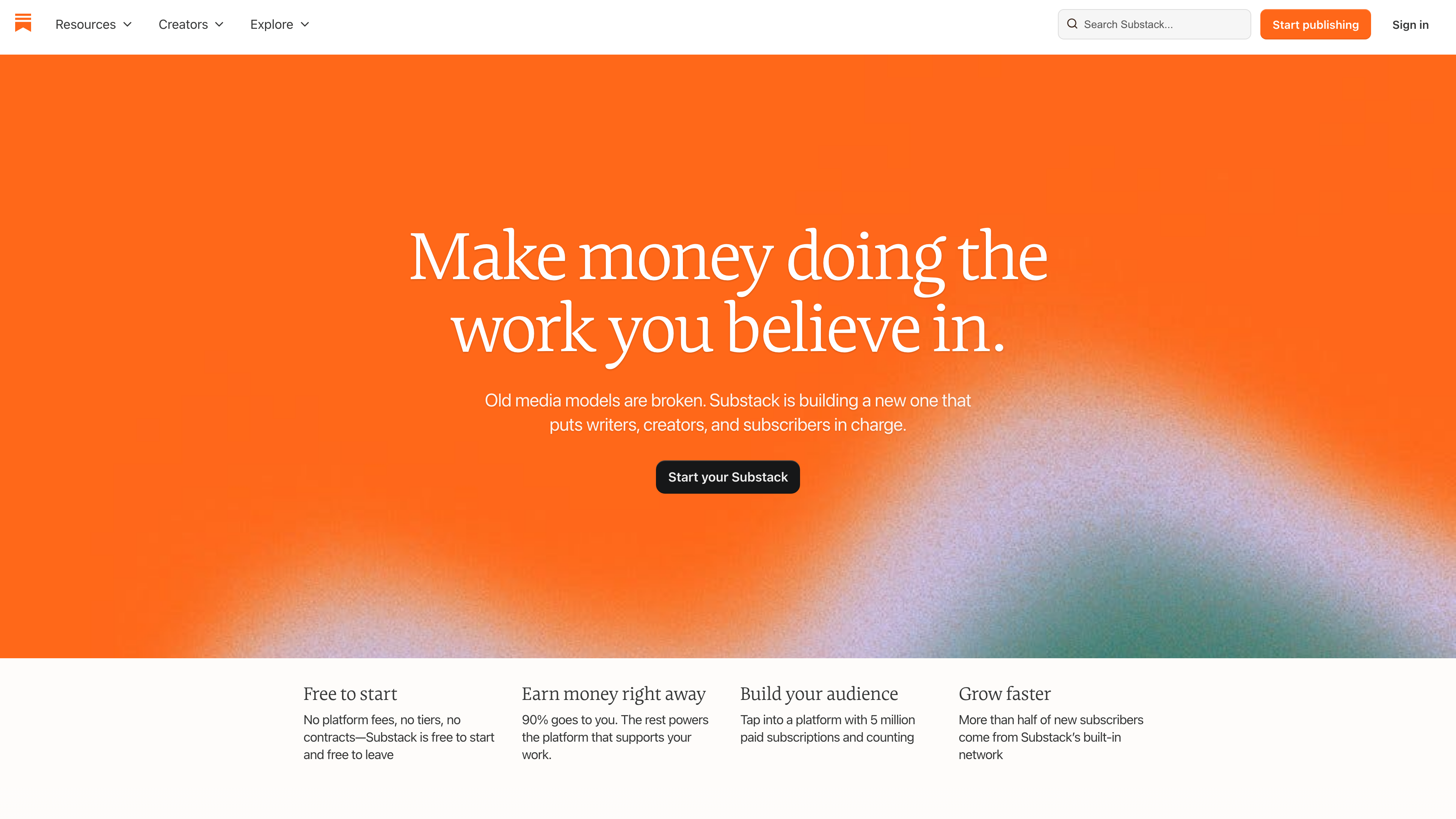 Substack's About page — the hero 'Make money doing the work you believe in' above columns on free publishing, the 90% creator share and 5 million paid subscriptions