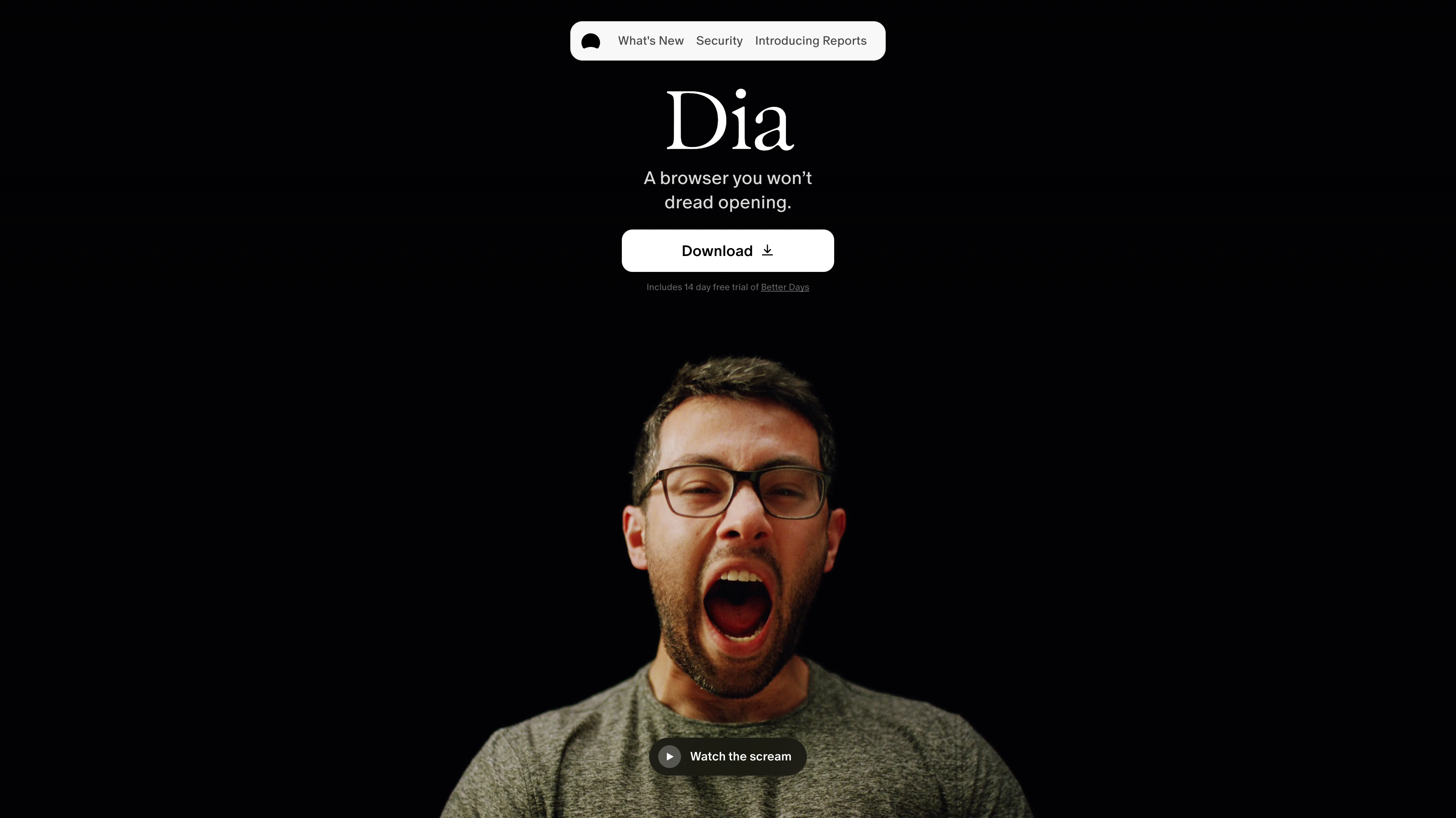 The Dia homepage: the tagline “A browser you won't dread opening” with download and a 14-day trial