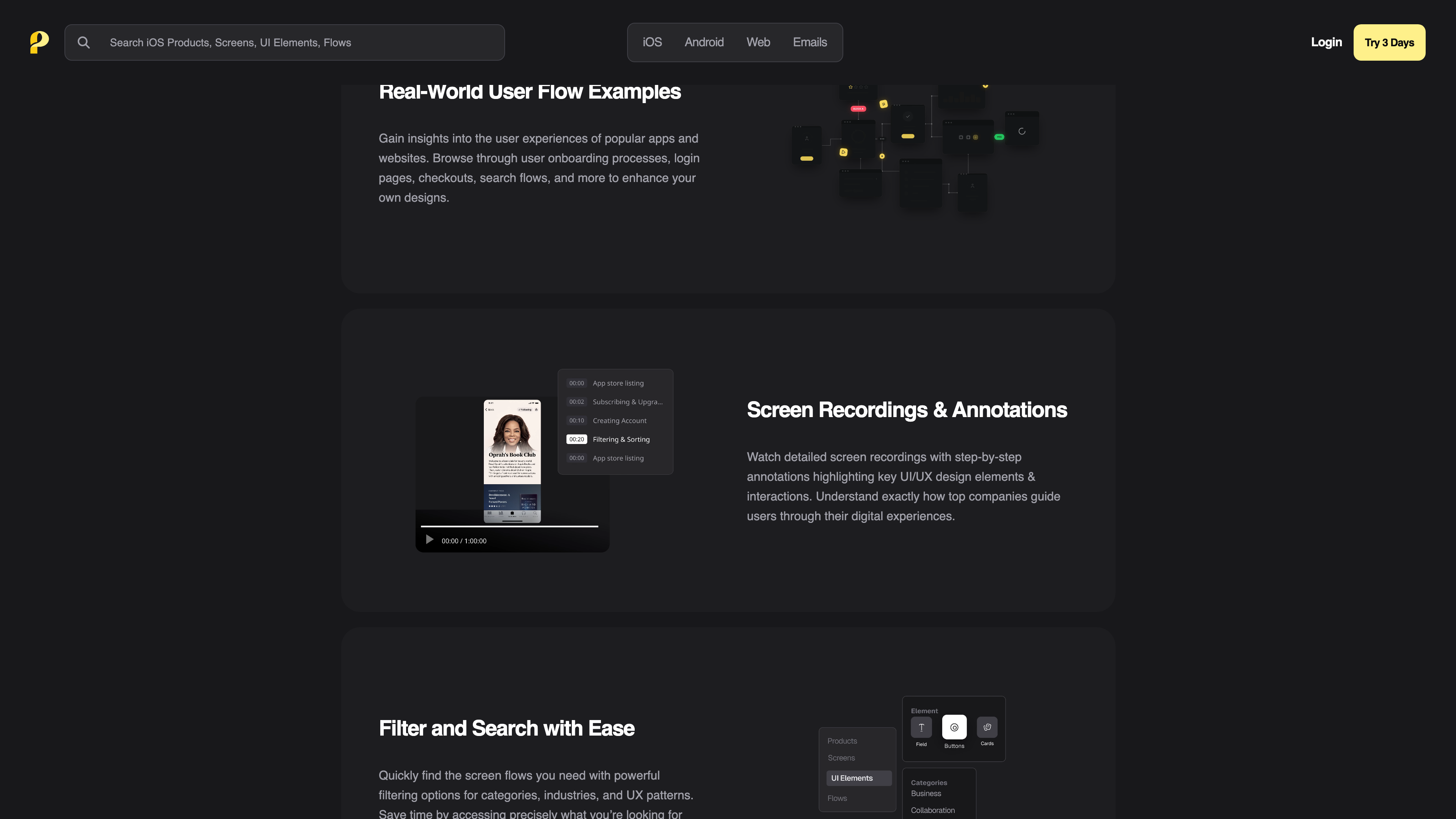 Homepage feature sections: screen recordings with annotations, filtering and search