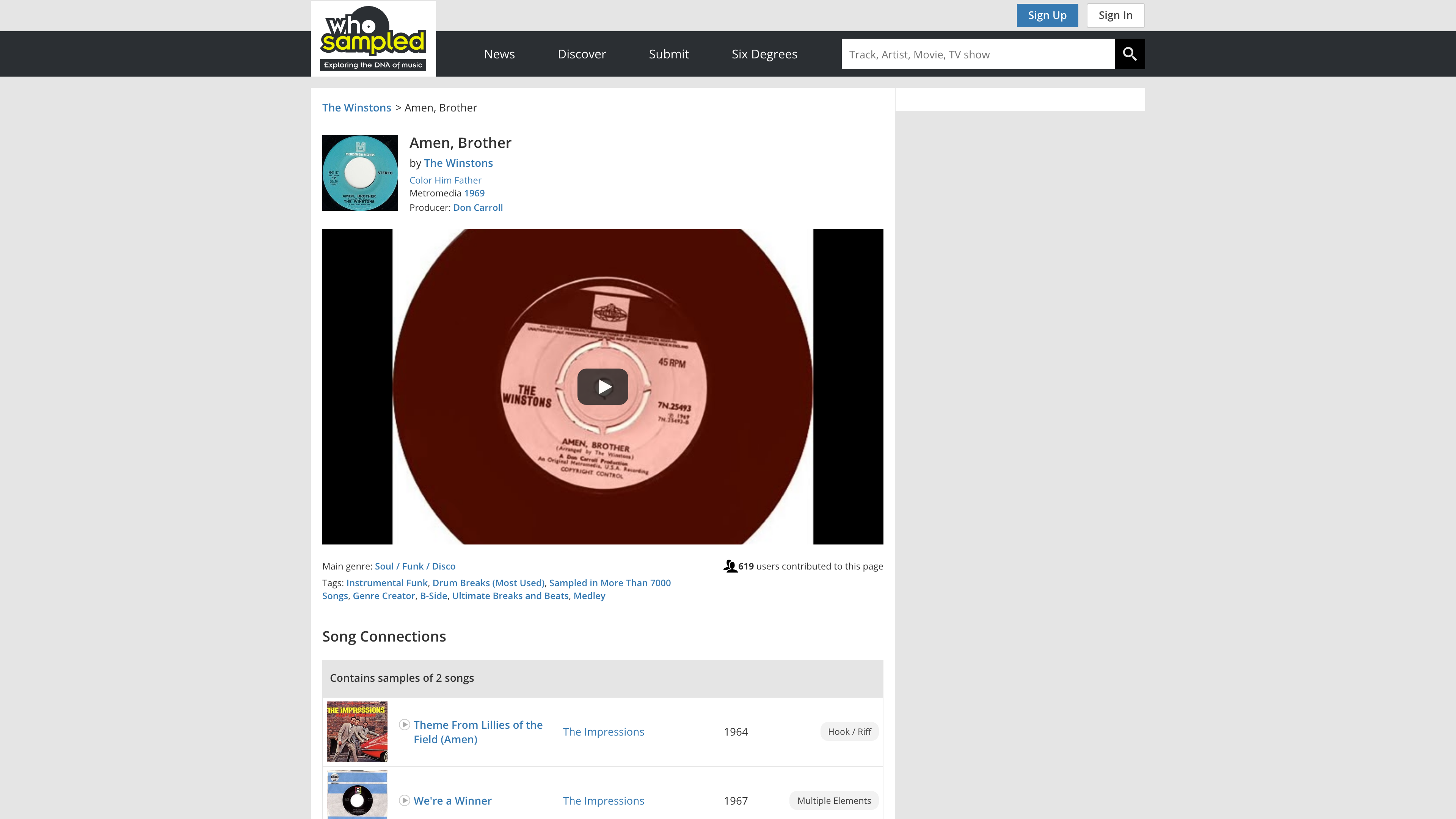 The Amen, Brother track page: tags and the "619 users contributed to this page" counter