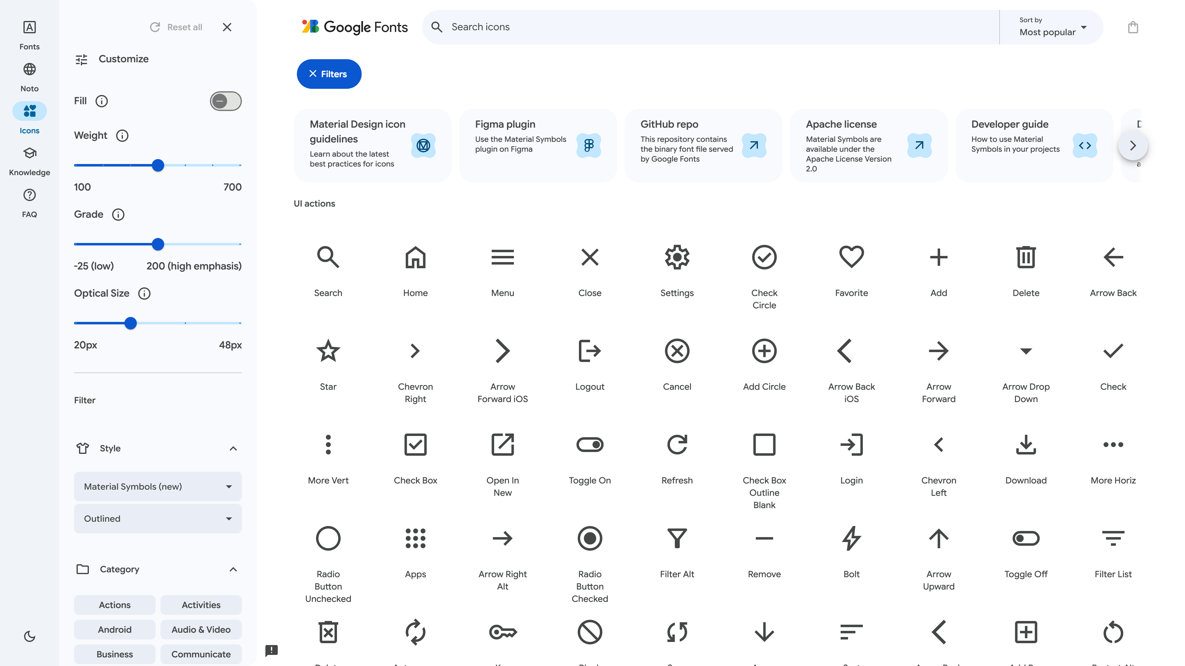 The Material Symbols browser: sliders for the Fill, Weight, Grade, and Optical Size axes on the left, an icon grid on the right