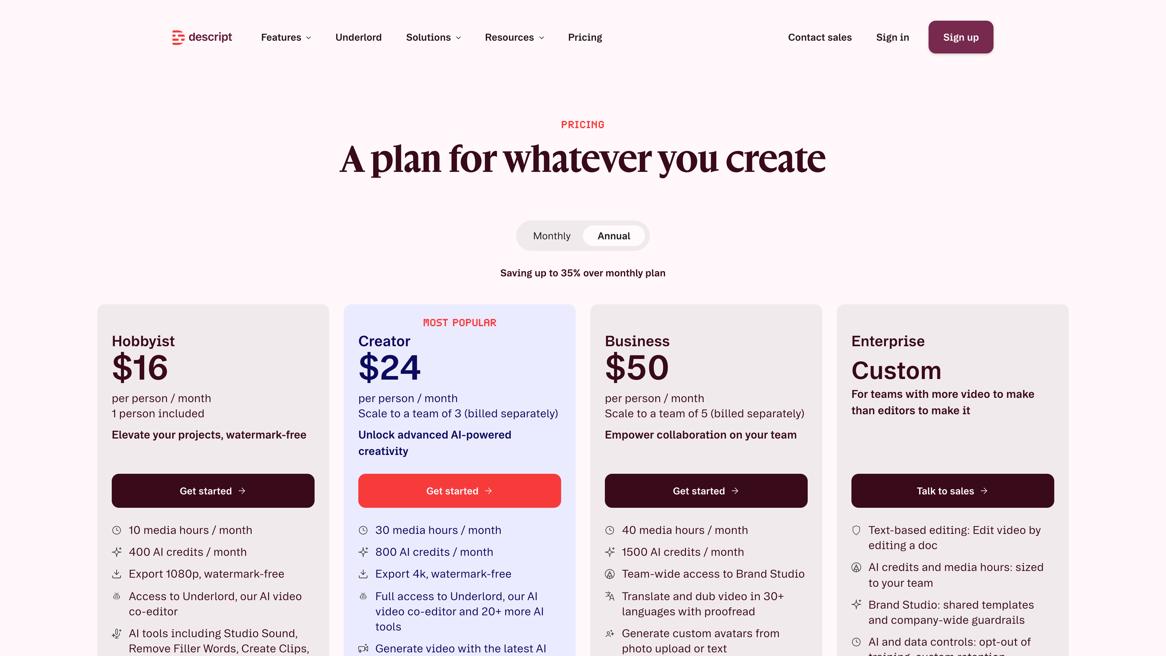 Descript pricing page: Hobbyist, Creator, Business, and Enterprise plan cards shown at annual billing rates