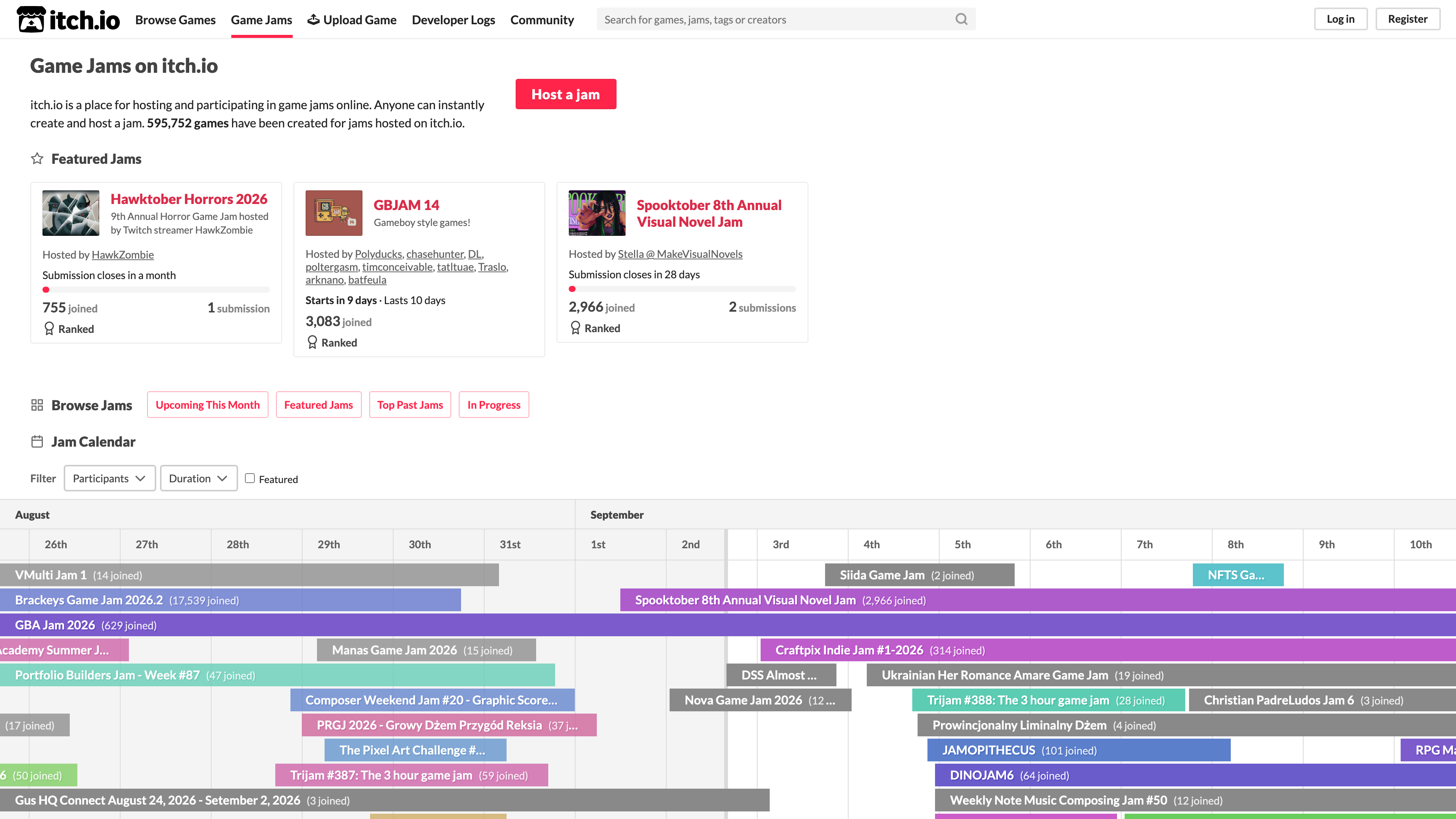 The itch.io game-jam page: featured jams and a jam calendar