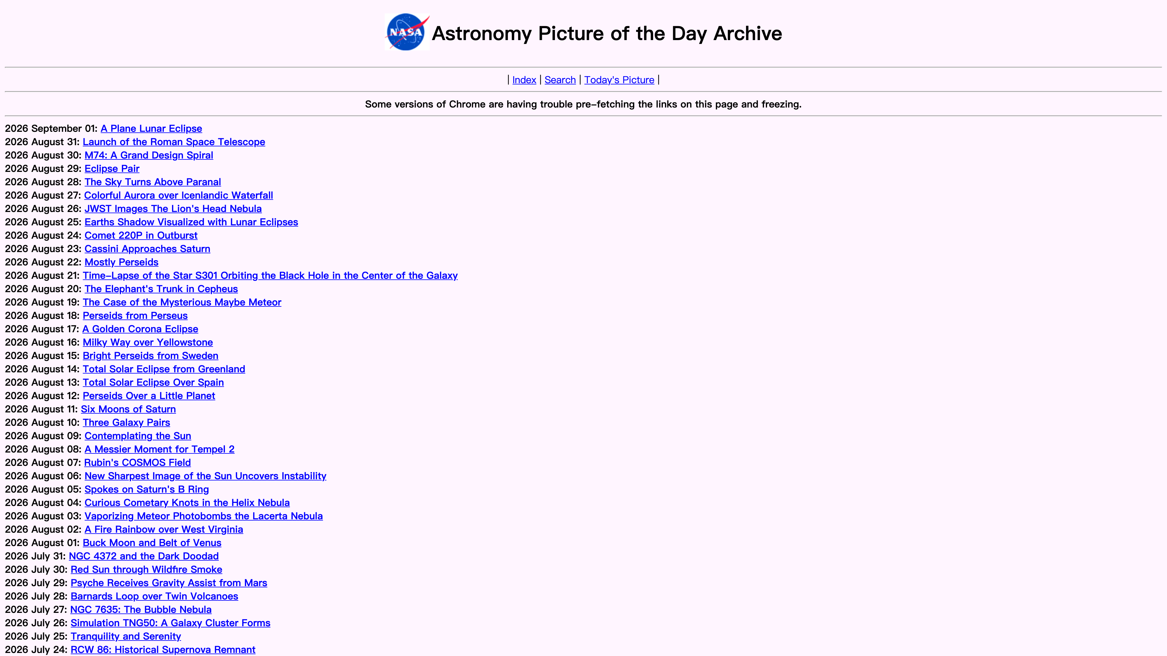 The APOD full archive, listing every entry by date and title back to June 16, 1995