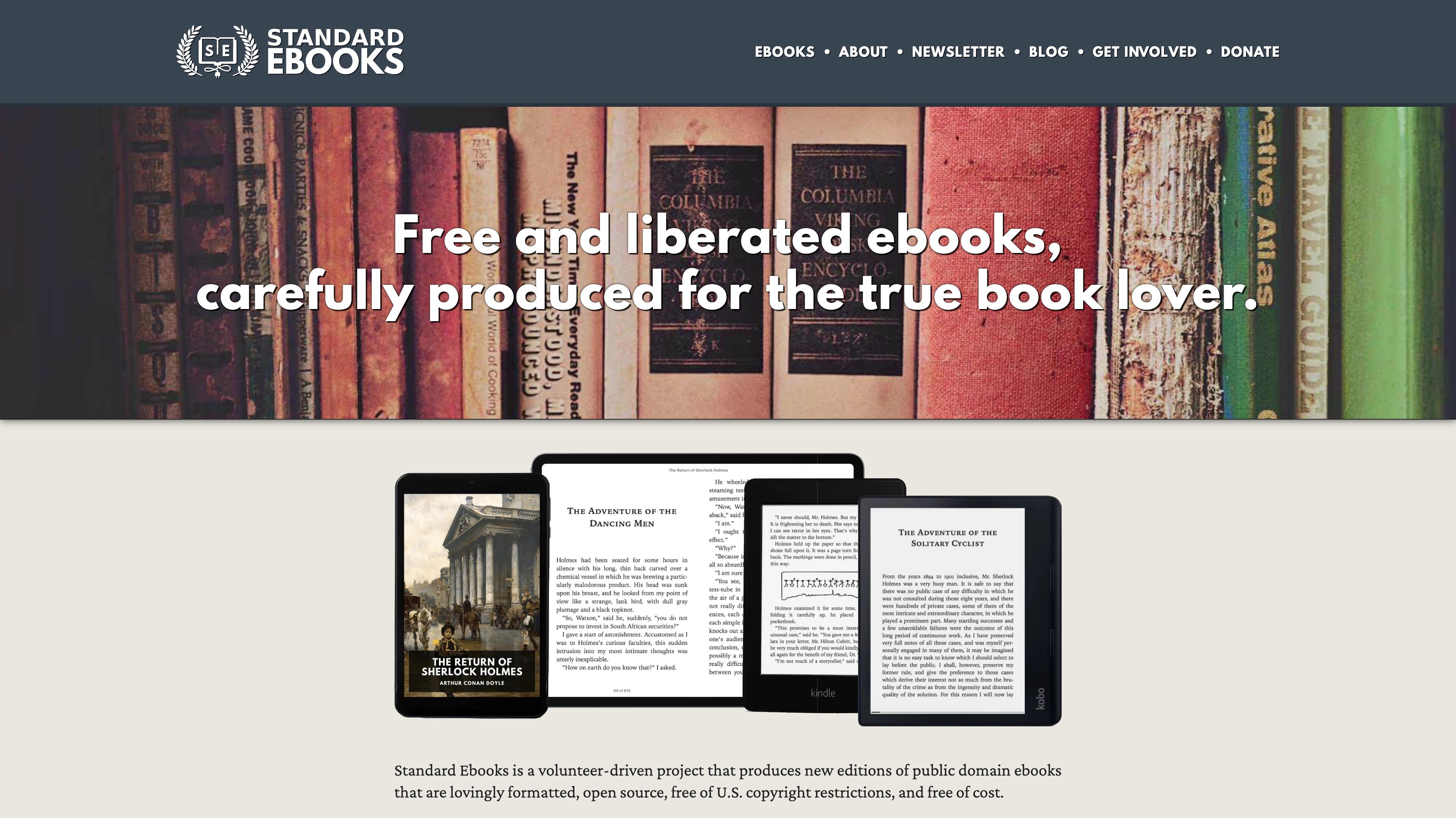 The Standard Ebooks homepage: tagline over a bookshelf photo, with mockups of ereaders showing its editions