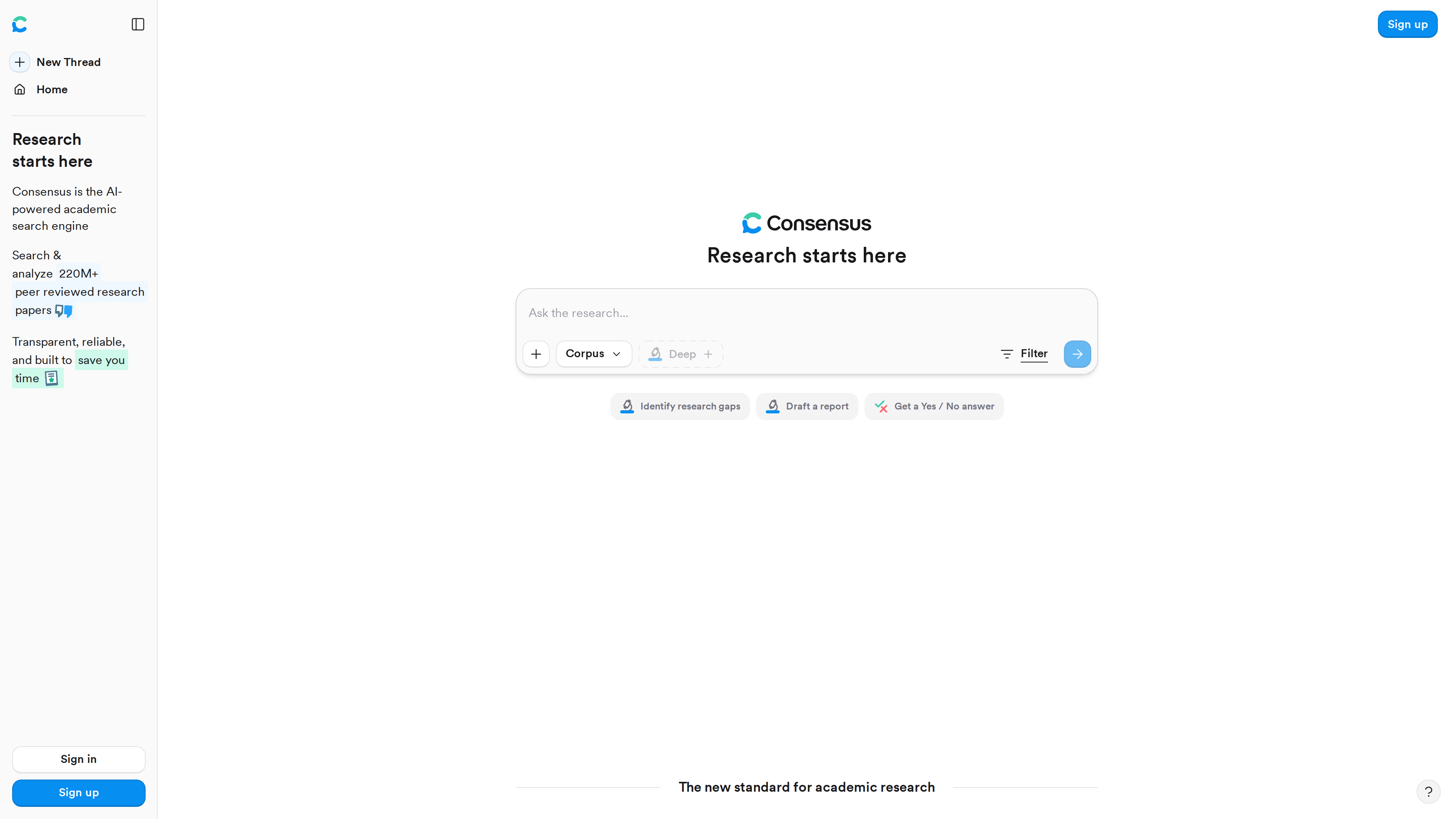 Consensus homepage screenshot: a central 'Ask the research…' search box with a Corpus selector, Deep mode and Filter buttons, plus shortcuts for Identify research gaps, Draft a report and Get a Yes /