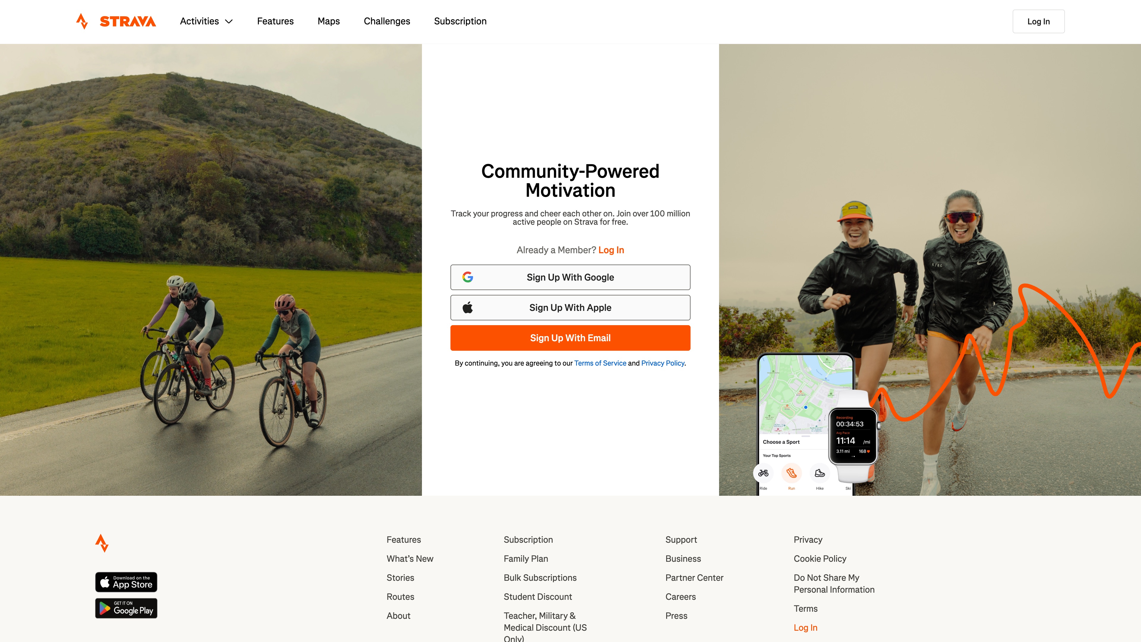 The Strava homepage: sign-up panel under the "Community-Powered Motivation" hero