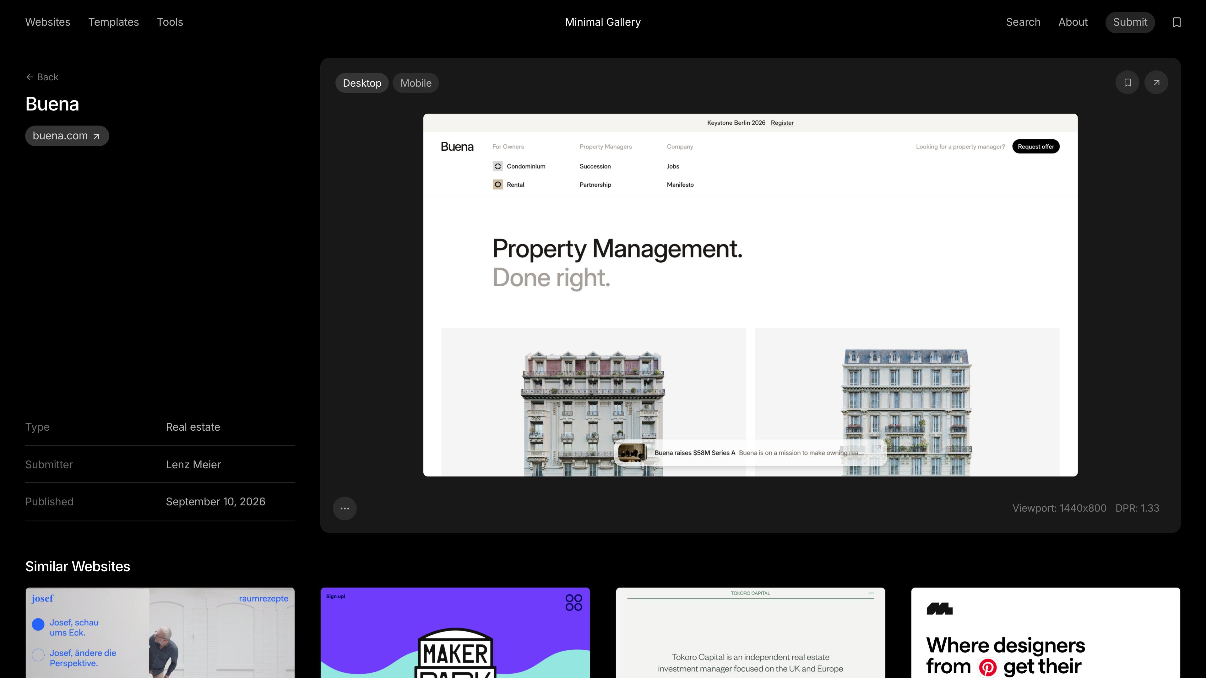 An entry page: desktop/mobile screenshot toggle and basic metadata